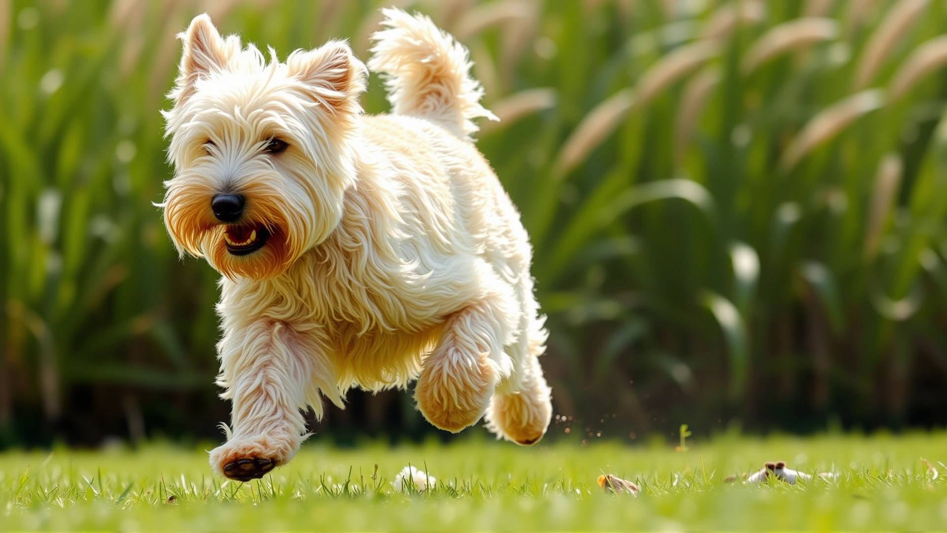 Soft Coated Wheaten Terrier running through a grassy field, showcasing full body and silky coat, action shot, bright daylight