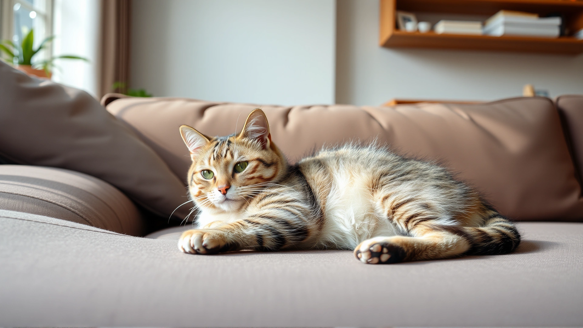Healthy domestic shorthair cat lounging comfortably on a modern living-room sofa, bright natural light, no text