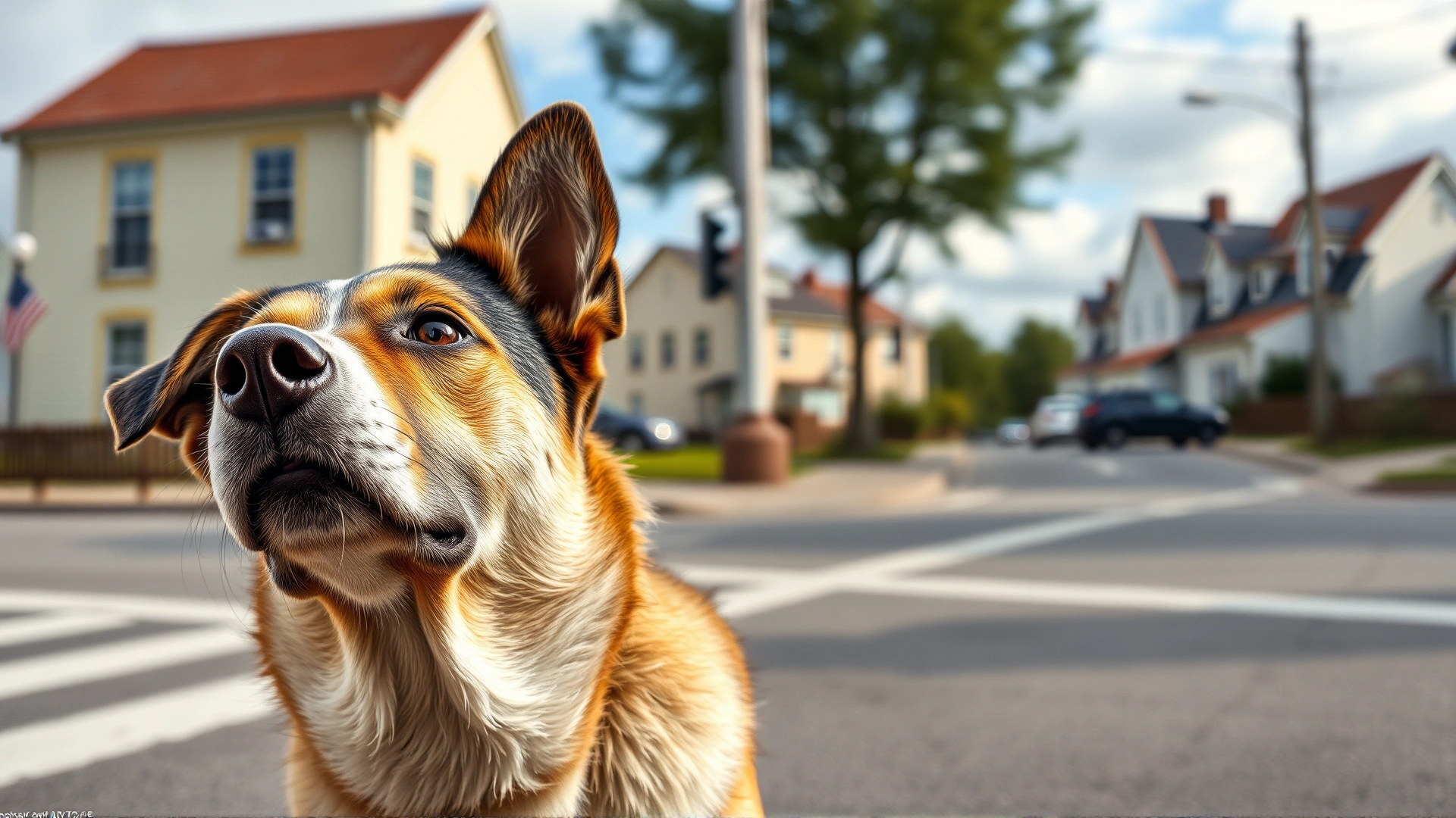 Close-up of a mixed-breed dog with alert eyes and perked ears, standing at a crossroads in a town street, symbolizing decision-making on the journey home.