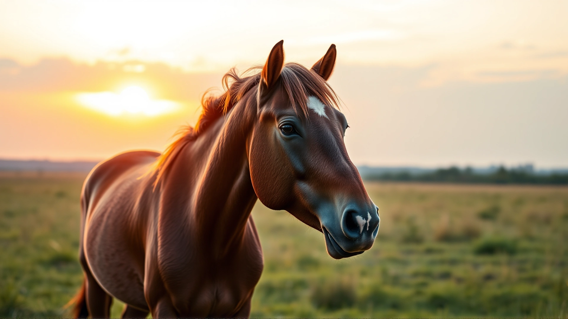 Wide-angle shot of a calm horse in a grassy paddock at sunset, providing a serene introduction before discussing tetanus risks