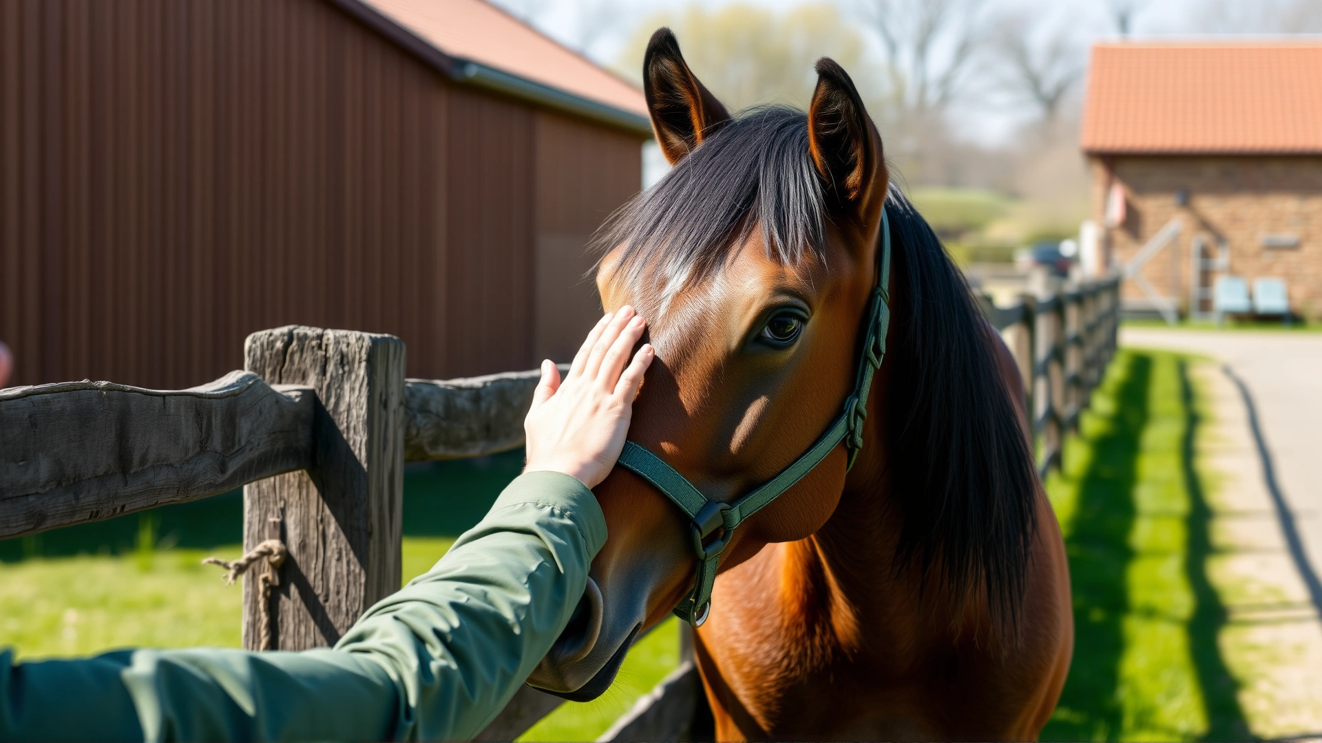 Wide-angle shot of a horse owner gently patting a well-conditioned bay horse beside a wooden fence on a sunny day, conveying a sense of care and wellbeing.
