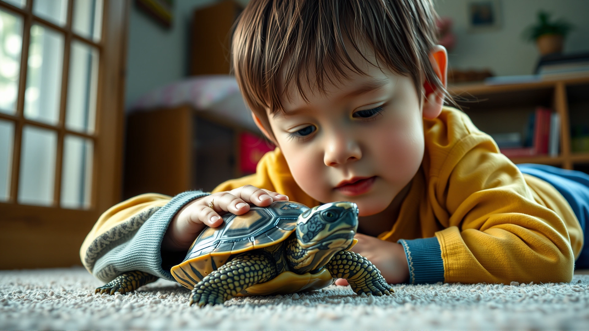 Soft-focus image of a child gently observing a pet turtle in a cozy home setting, conveying companionship and curiosity