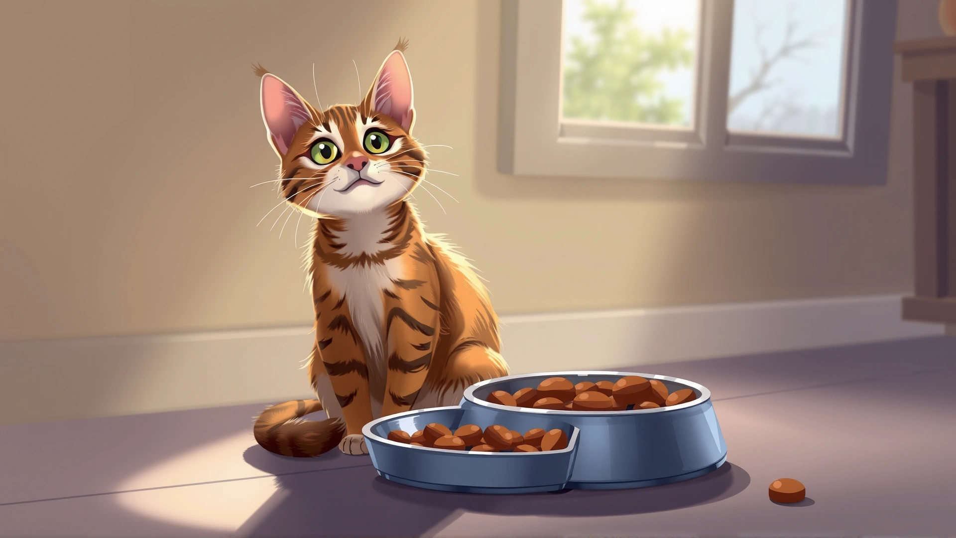 Illustration-style photo of a curious tabby cat sitting near a food bowl, with light coming from a window to create a hopeful atmosphere, no text.