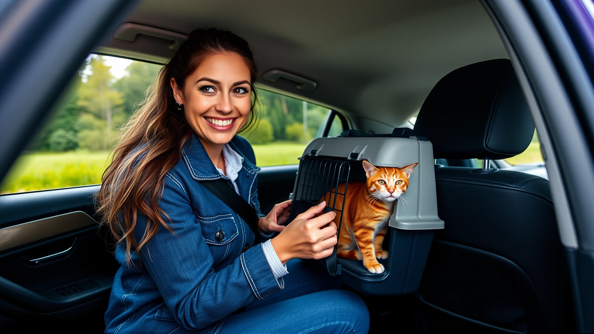 Smiling woman fastening a cat carrier in the back seat of a car before starting a trip
