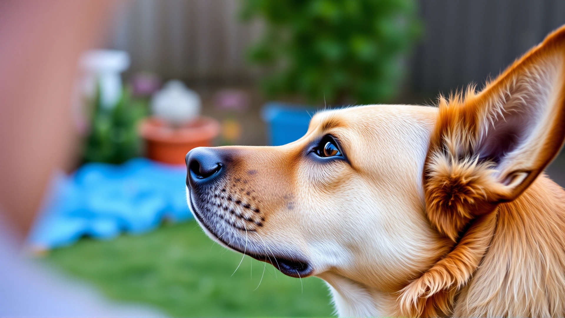 Close-up of a healthy dog looking attentively at its owner’s face in a green backyard, signifying focus during training.