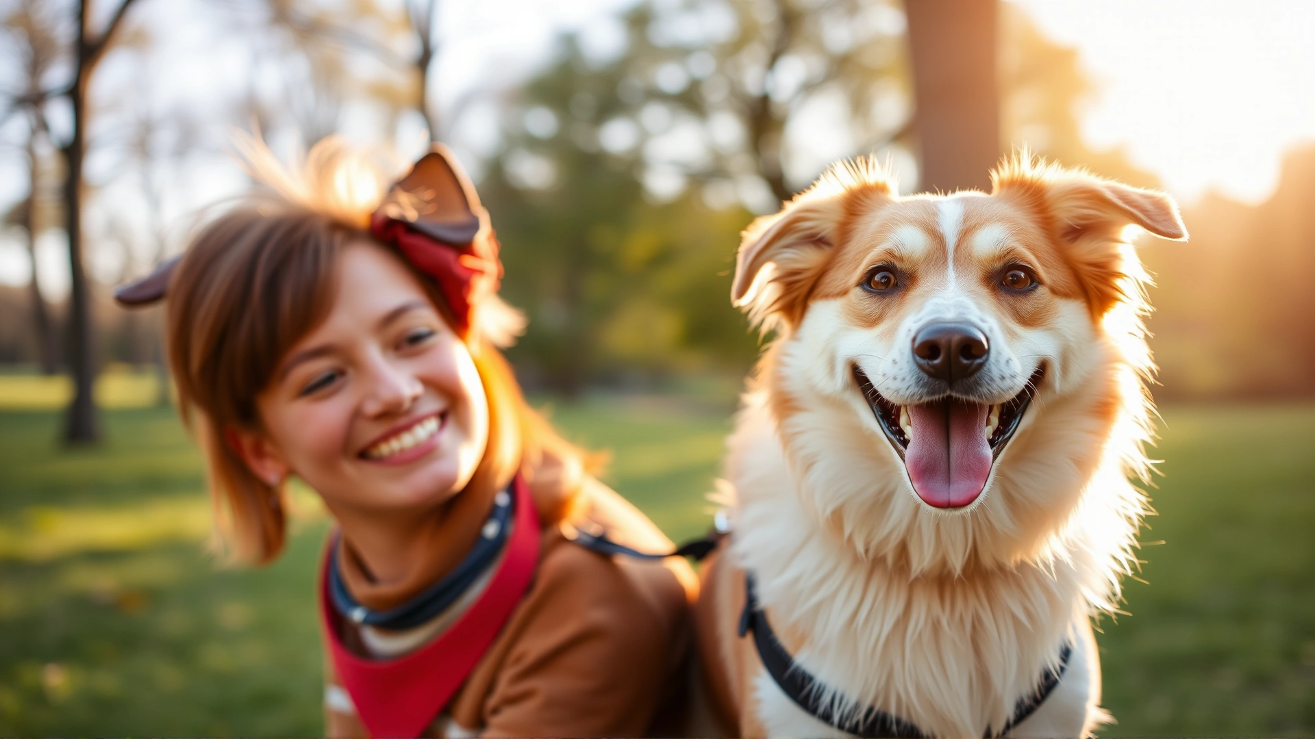 Happy mixed-breed dog and owner in a sunlit park, symbolizing overall canine wellness and holistic lifestyle.