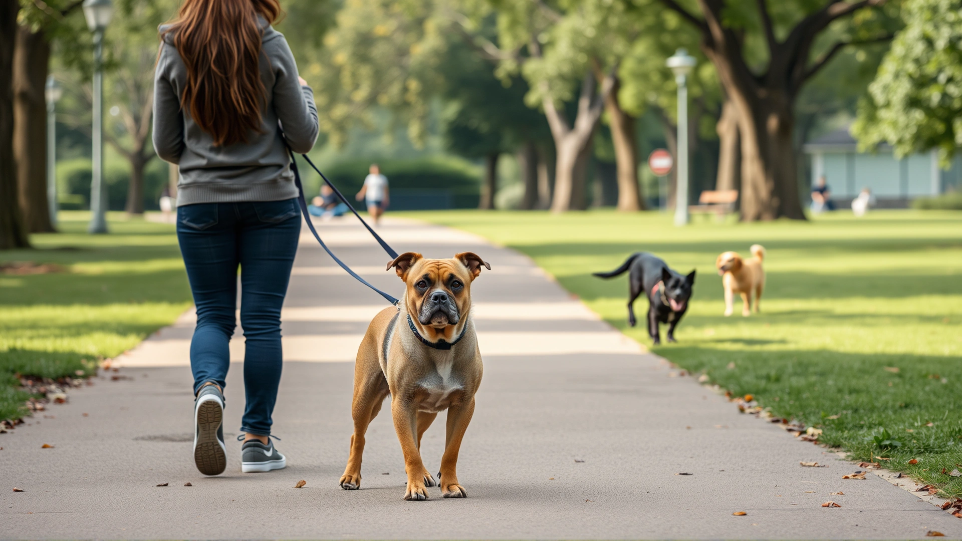 A young woman walking her nervous-looking dog on a leash while observing other dogs from a distance in a quiet park.