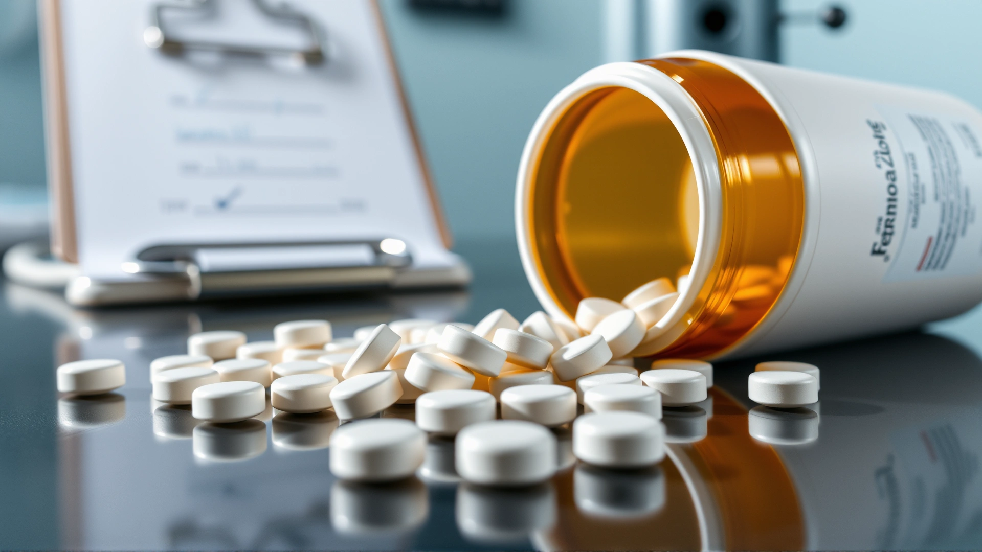 Close-up of metronidazole tablets spilling from a white prescription bottle onto a veterinary exam table, with a blurred clipboard in the background.