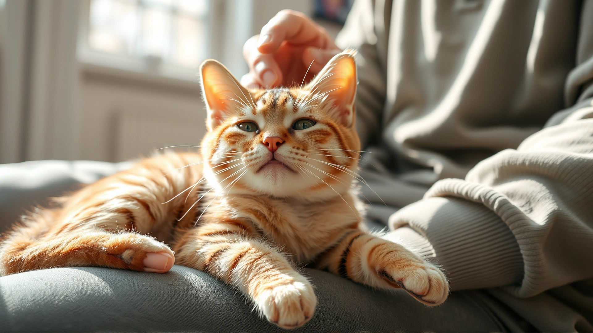 Playful domestic short hair cat lying on owner's lap while the owner gently checks its fur for fleas, bright daylight indoor scene, high-resolution.