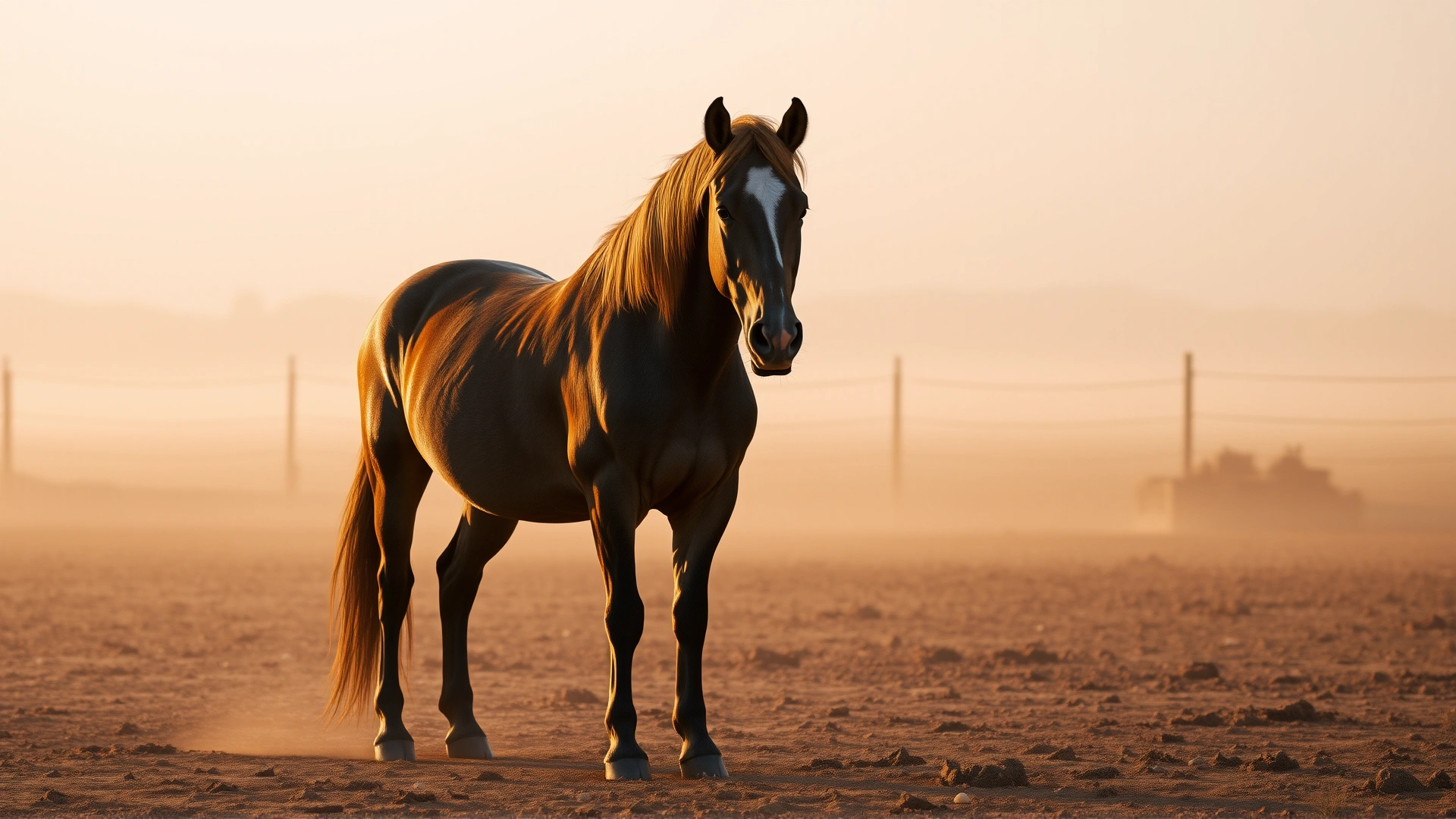 Full-body image of a calm horse standing in a dusty paddock at dawn, slight haze in the background, warm golden tones