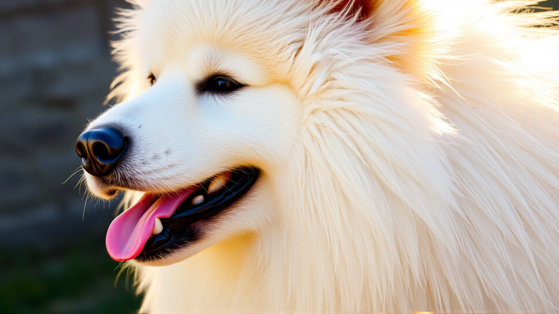 Close-up shot of a smiling Samoyed with its tongue out, fur glowing under golden sunlight.