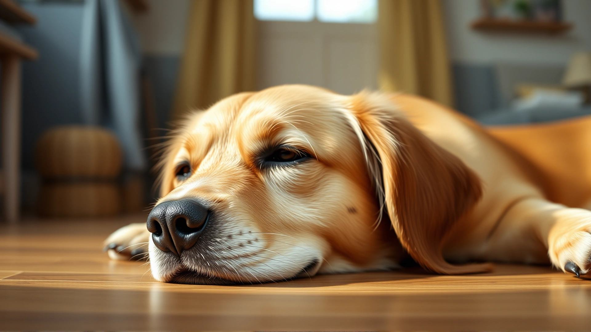 Close-up of a content female dog resting indoors without any urinary accidents, soft natural lighting, cozy home environment