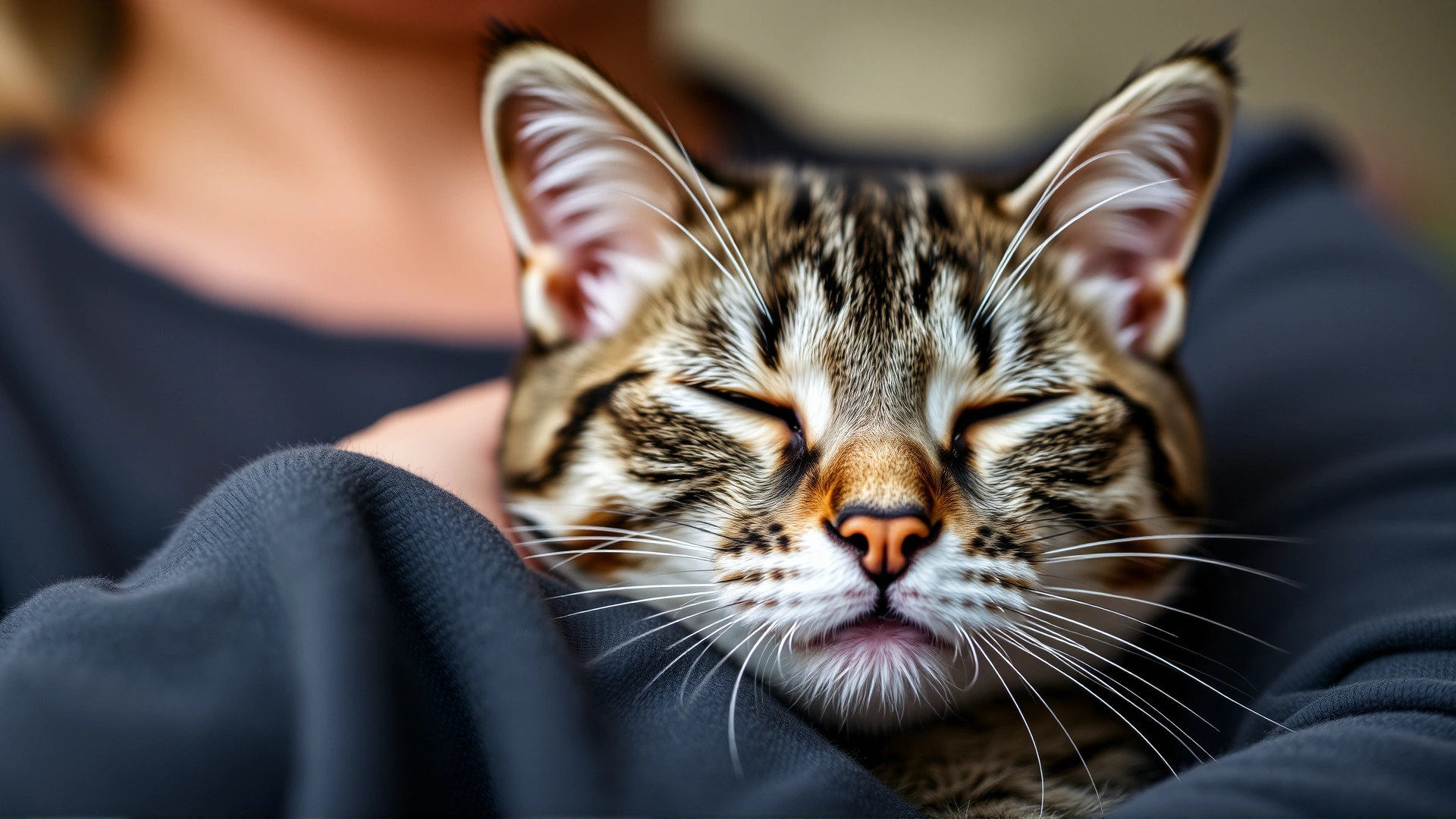 Close-up of a calm cat being gently held by its owner, conveying care and reassurance