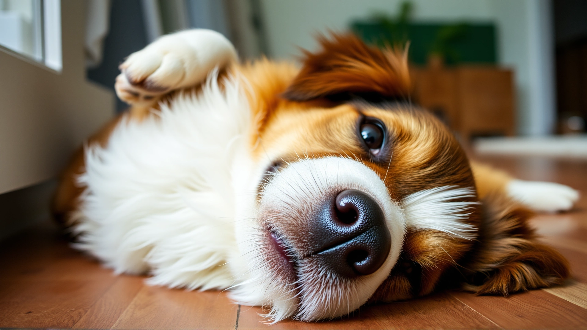 Close-up of a playful mixed-breed dog rolling onto its back indoors, looking up with relaxed eyes ready for a belly rub
