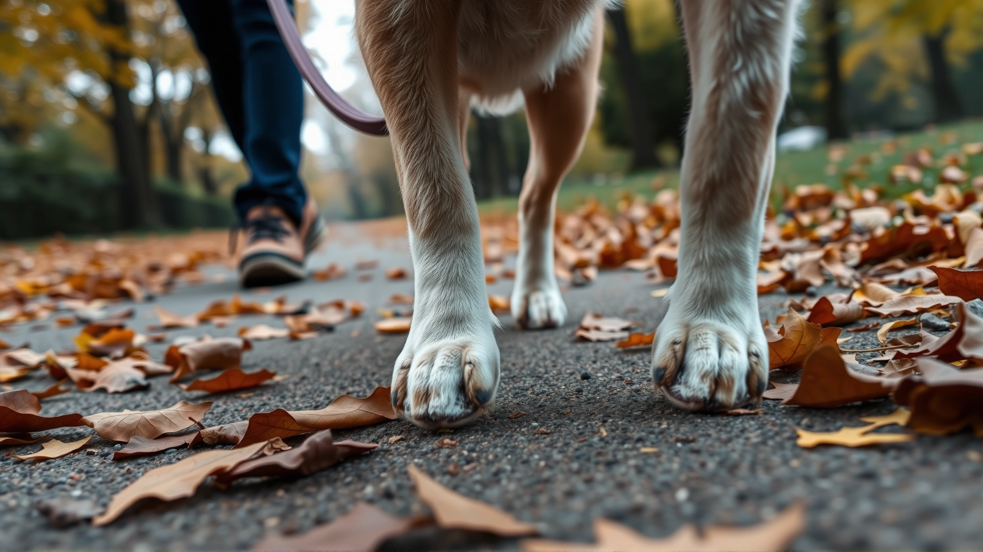 Close-up of a dog's paws and leash as it walks on a park trail covered with fallen autumn leaves; owner visible only from the waist down, no text