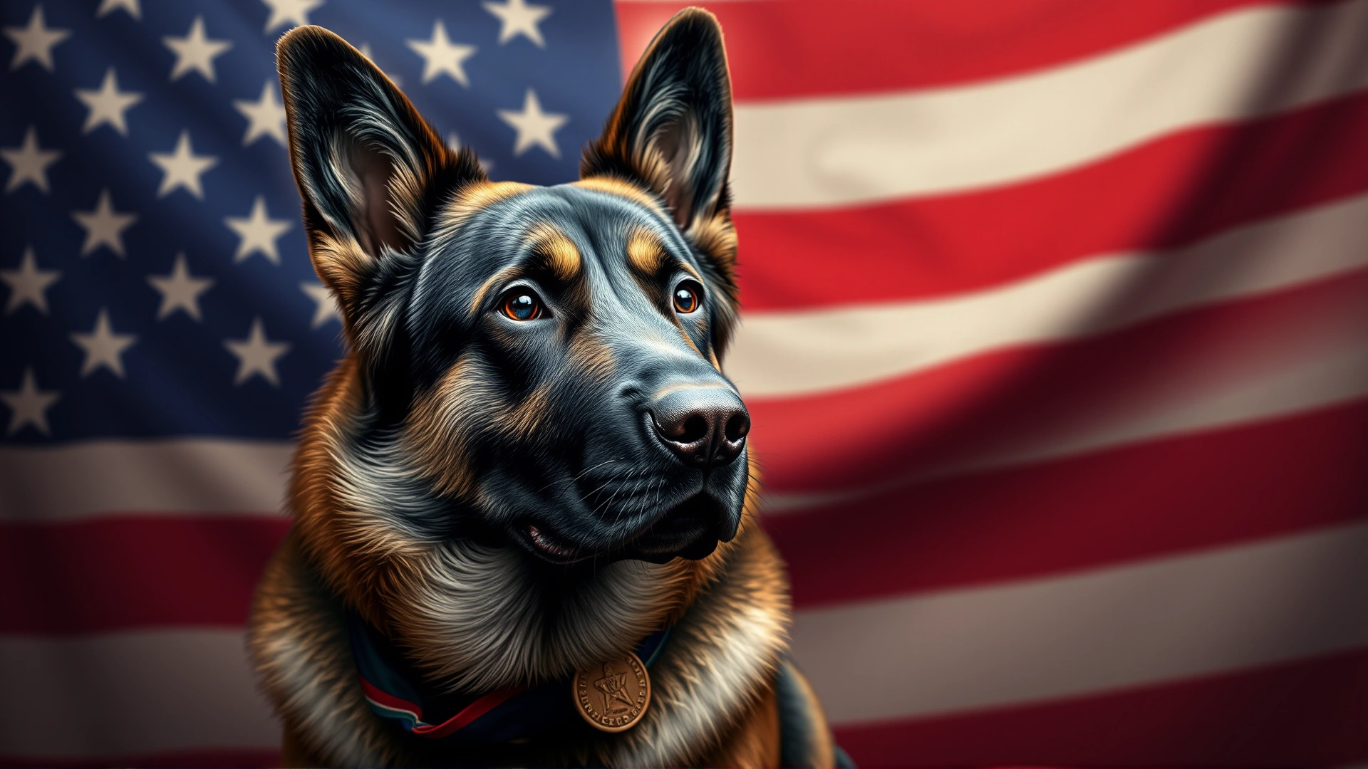 Portrait of a decorated military working dog wearing a medal and sitting proudly against an American flag backdrop