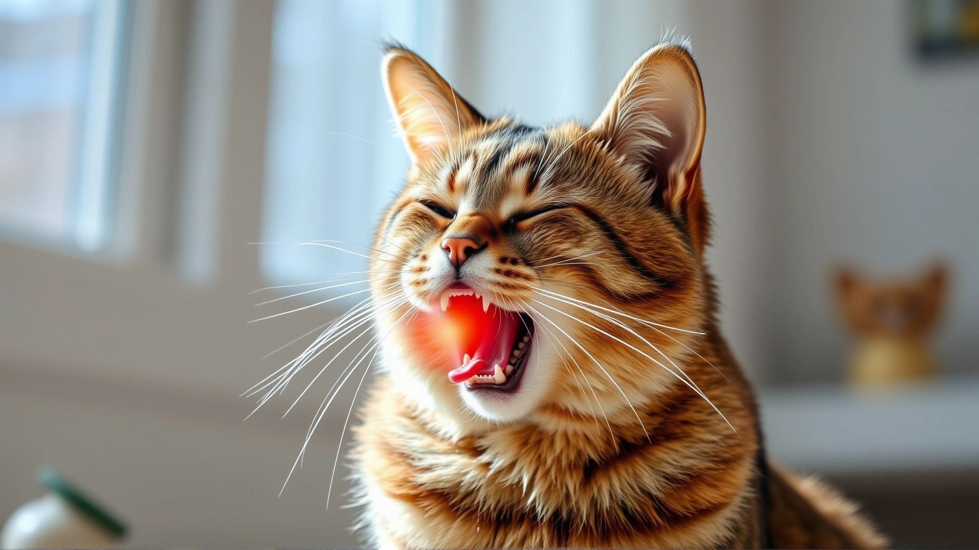 Domestic short-haired cat mid-sneeze, side view, illustrating upper respiratory infection, indoor setting, natural light