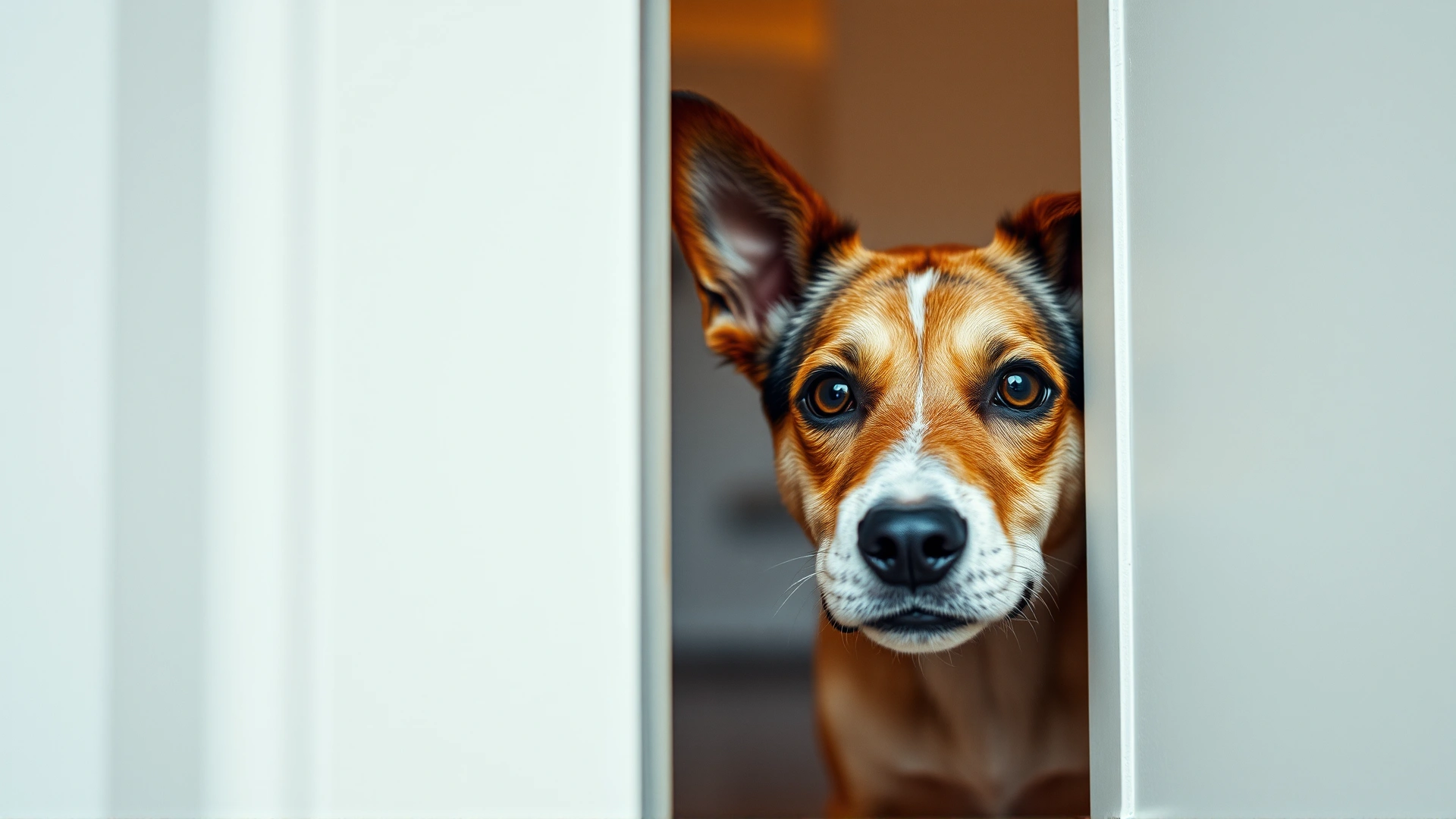 Playful dog poking its head around a doorway as if searching for its owner during a hide-and-seek game