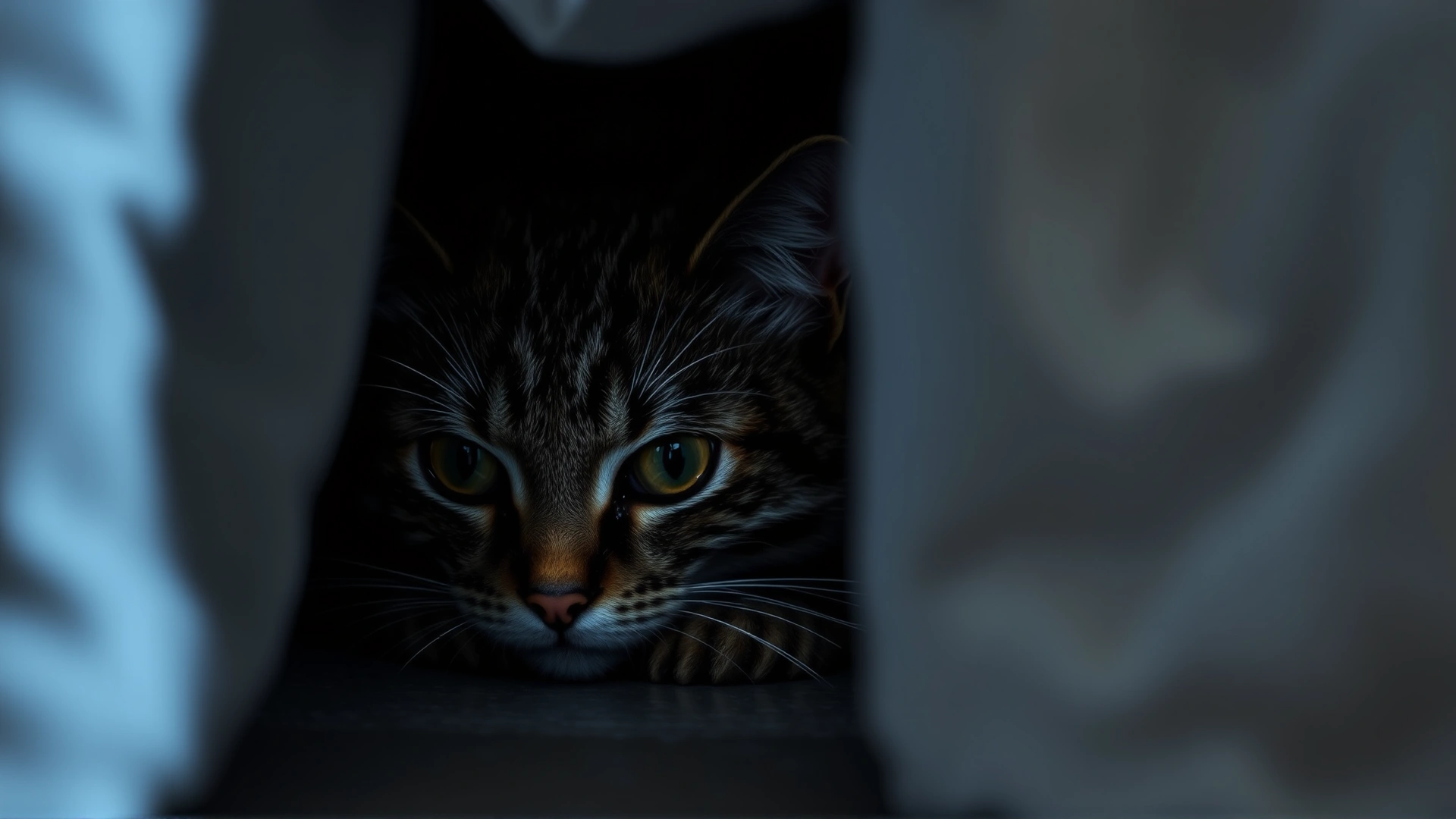 Cat hiding under a bed with only its eyes and ears visible in the shadows, emphasizing the hiding behavior of stressed cats.