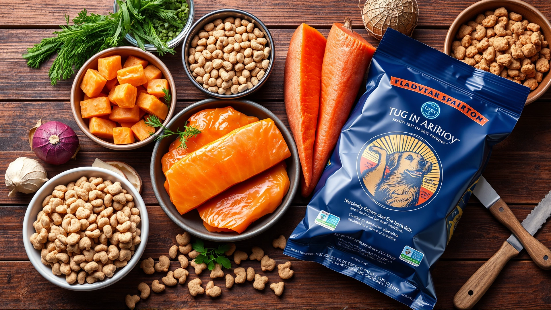Assortment of high-calorie dog-friendly ingredients such as cooked chicken, salmon, sweet potato, and high-quality kibble arranged on a wooden table