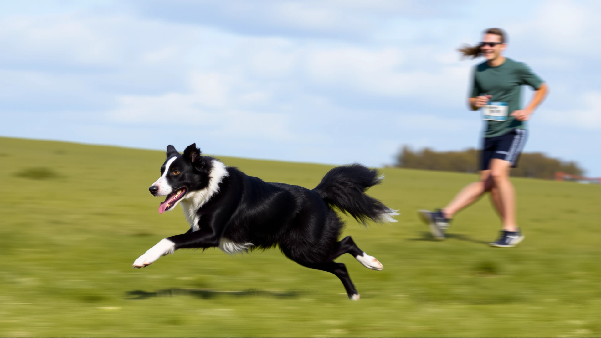 A Border Collie sprinting next to a jogging owner across an open grassy field, motion blur effect, no text