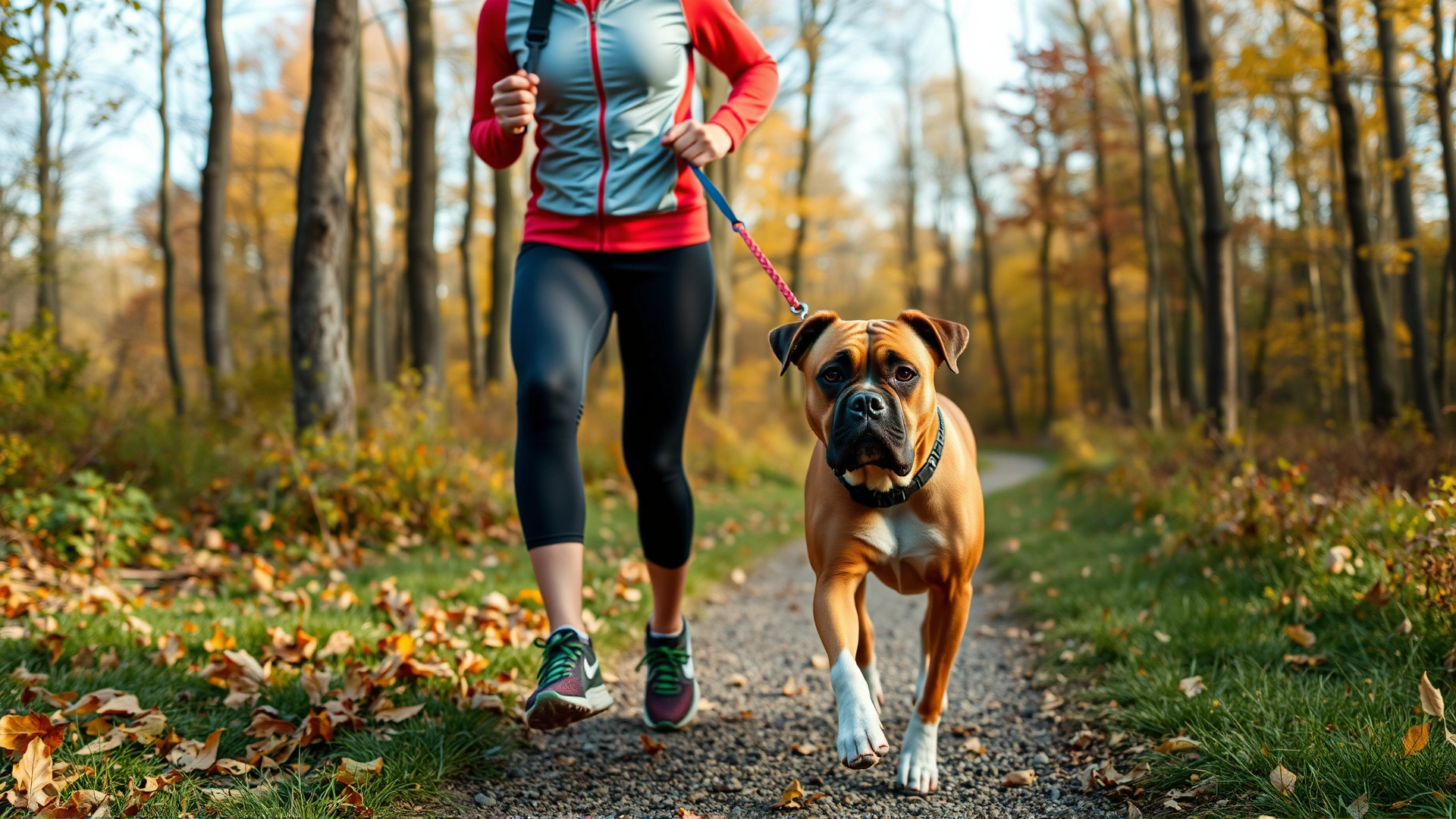 A sporty owner jogging with a Boxer dog on a leash along a forest trail filled with autumn leaves.