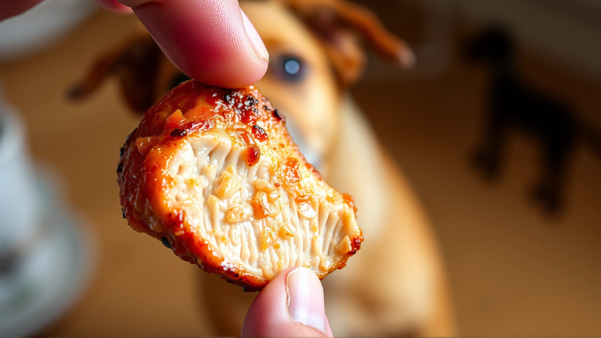 Macro photograph of a single juicy piece of cooked chicken breast held between human fingers, slightly steaming to emphasize aroma, with a blurred dog silhouette in the background eagerly watching.