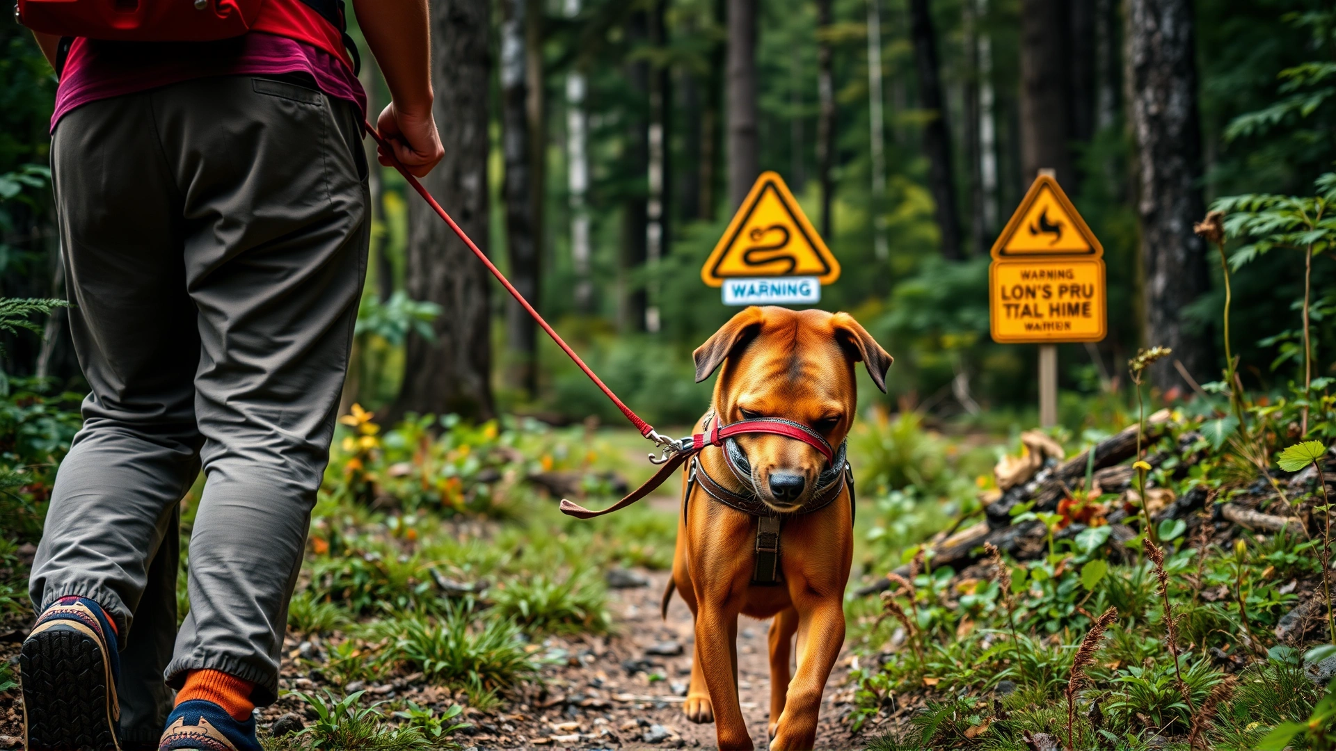 Dog on a leash walking with owner on a forest trail, both wearing hiking gear; a snake warning sign visible in the distance, vibrant colors, no text