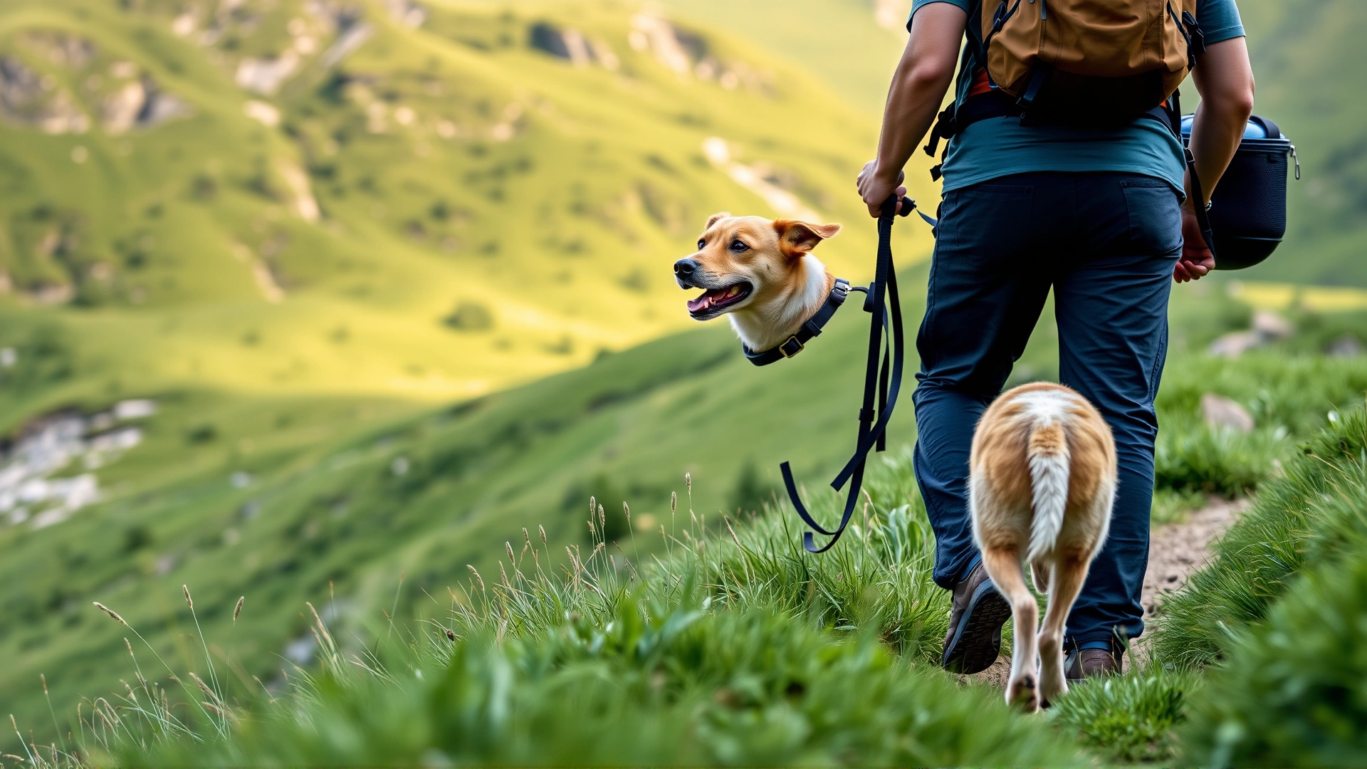 Owner and dog hiking along a lush green mountain trail, both wearing small backpacks