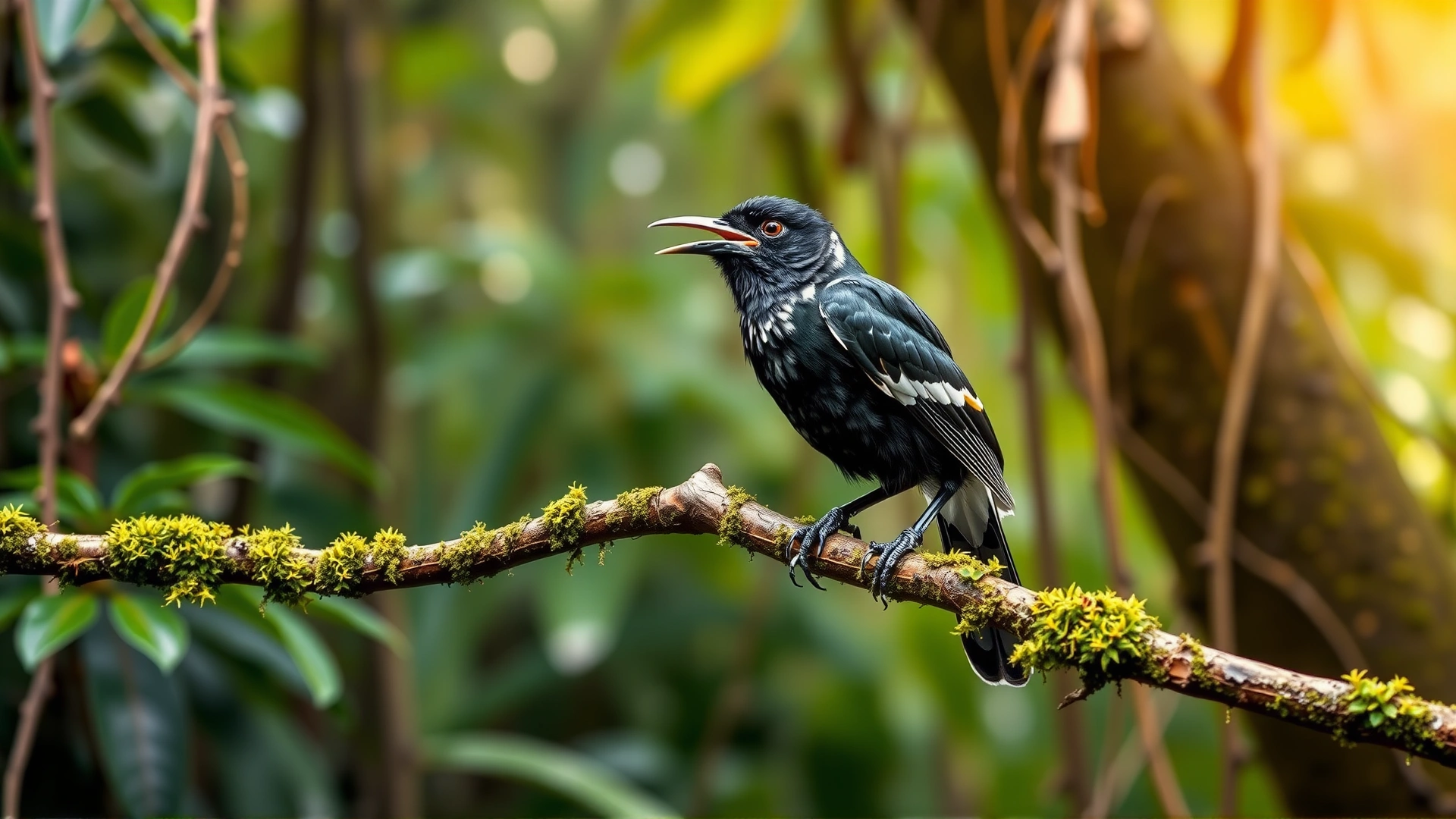 Hill Myna perched on a mossy branch, beak slightly open as if speaking, rainforest background