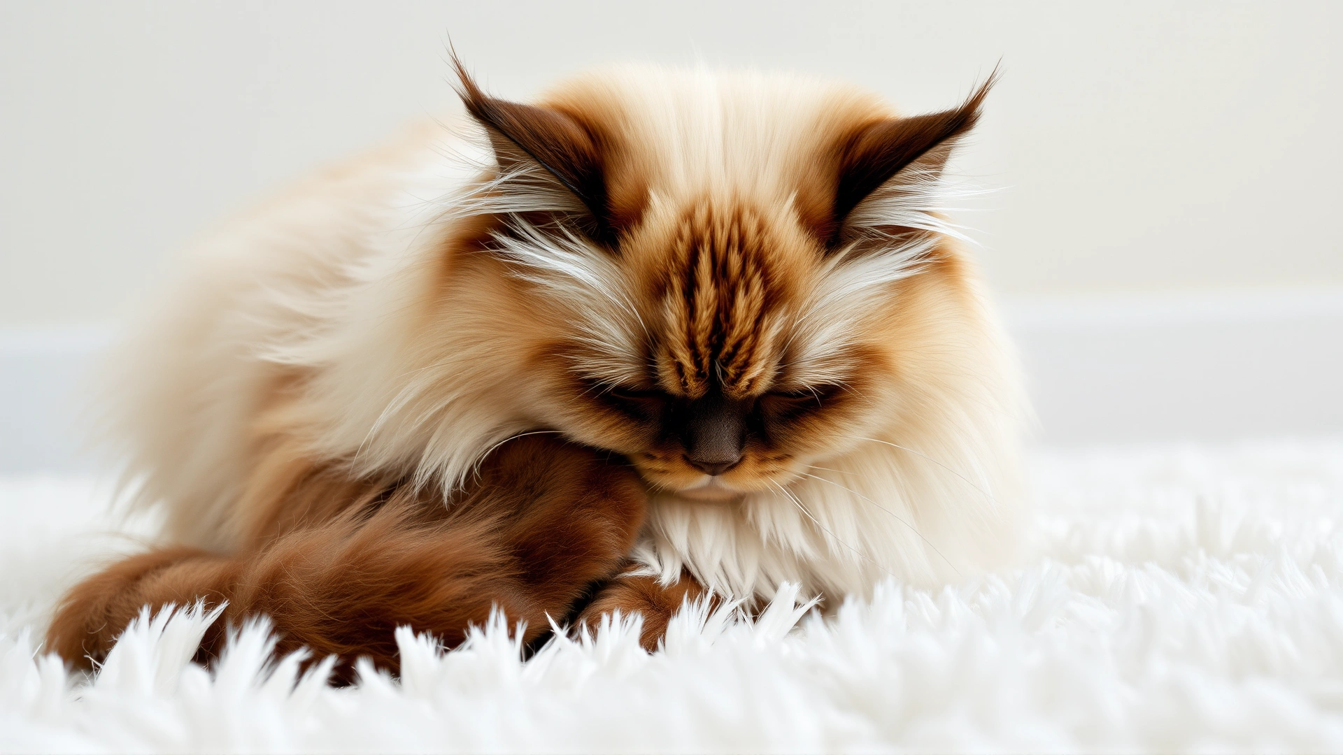 A Himalayan cat calmly grooming itself on a fluffy white rug, expressing serene independence