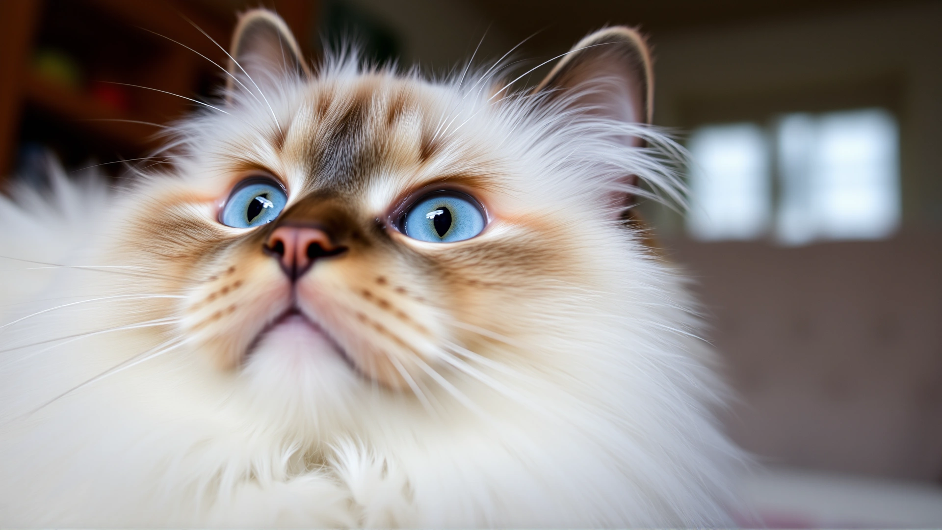 Close-up photograph focusing on the face of a Himalayan cat with vivid blue eyes and a fluffy cream-colored coat, shot indoors with a shallow depth of field.