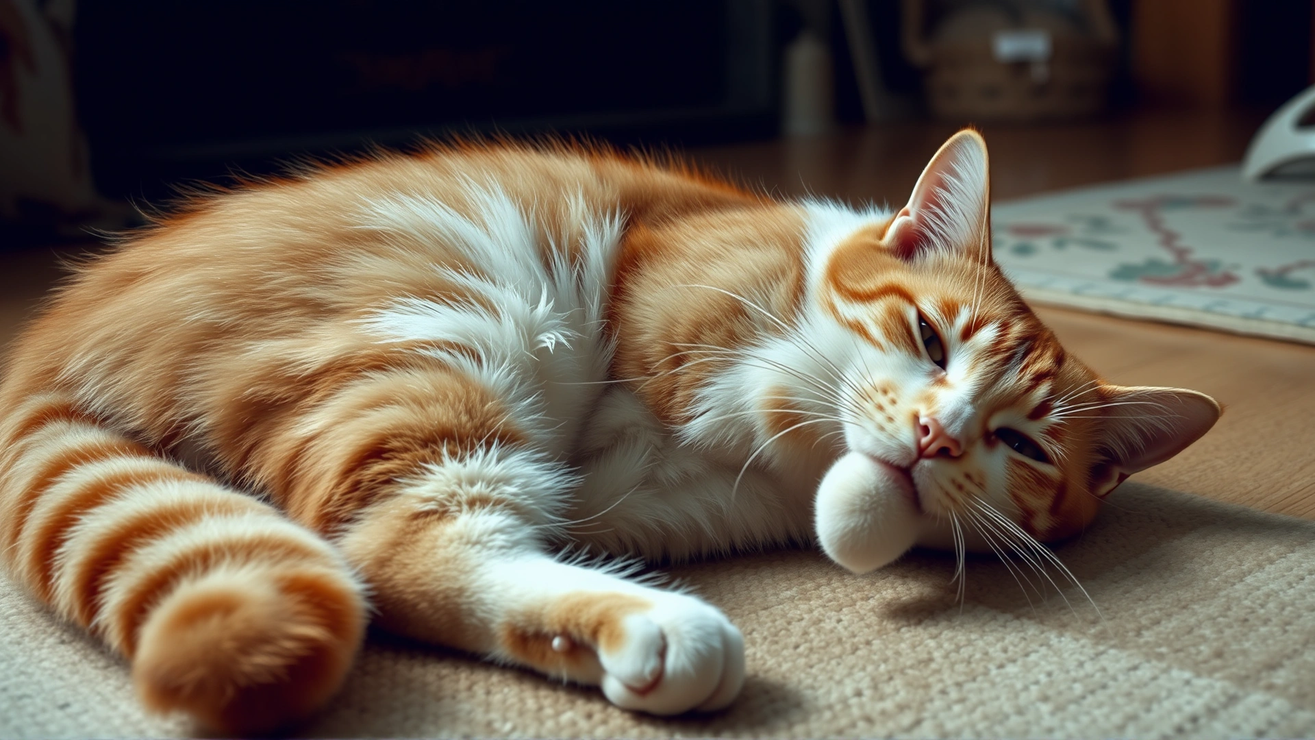 An archival-style photo recreation of a very large, ginger-and-white tomcat (Himmy) resting on a living room floor, emphasizing his massive body size.