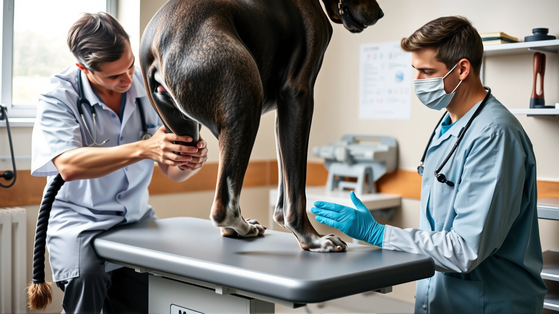 Veterinarian examining the hind legs of a senior Great Dane on an examination table, focus on caring interaction, no text.