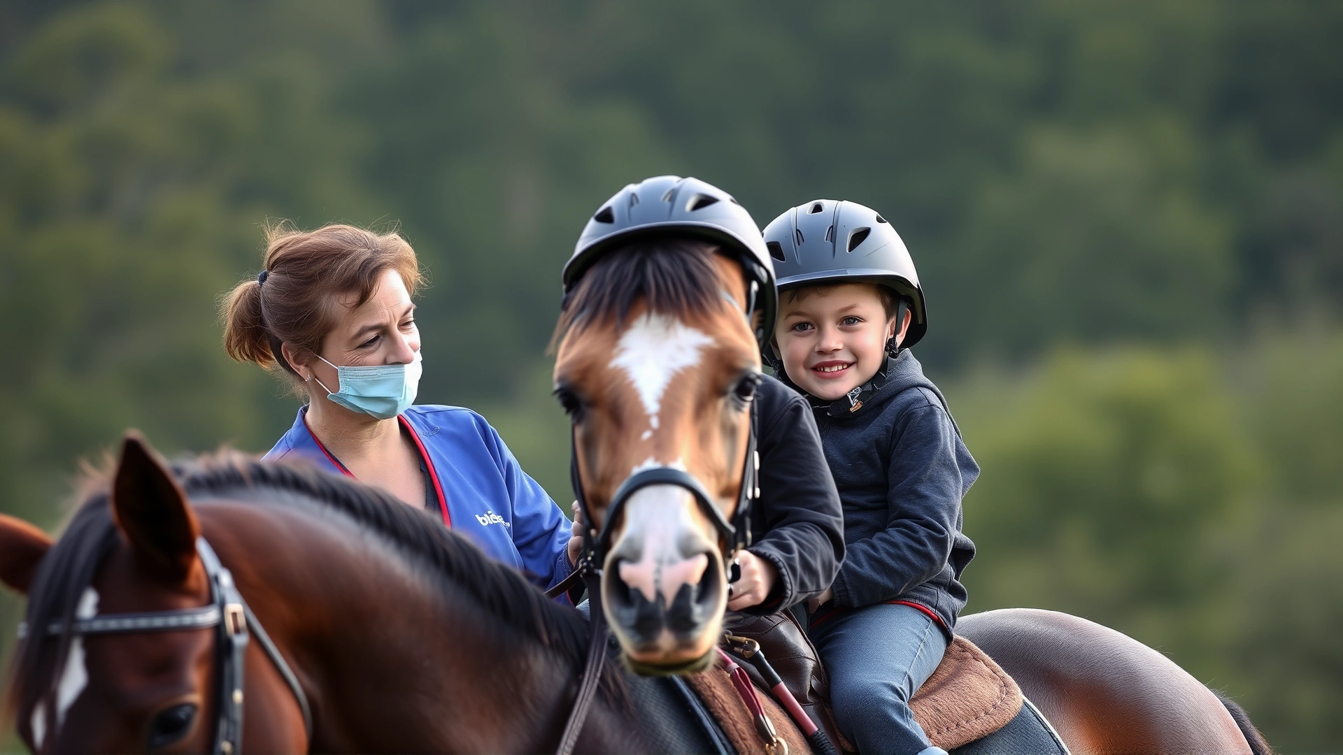 Physiotherapist holding reins while supporting a young boy with cerebral palsy riding a calm horse, both wearing safety helmets.