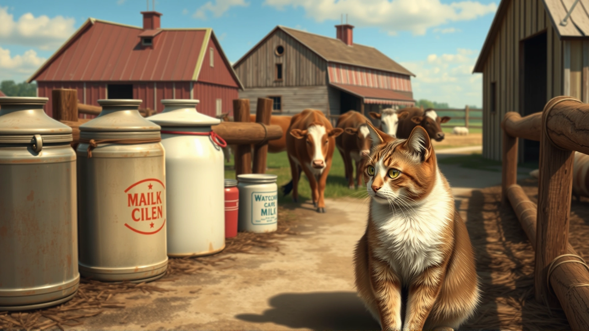 Vintage-style depiction of an American dairy farm with a brown cat near milk cans to illustrate breed origin, warm tones, no text