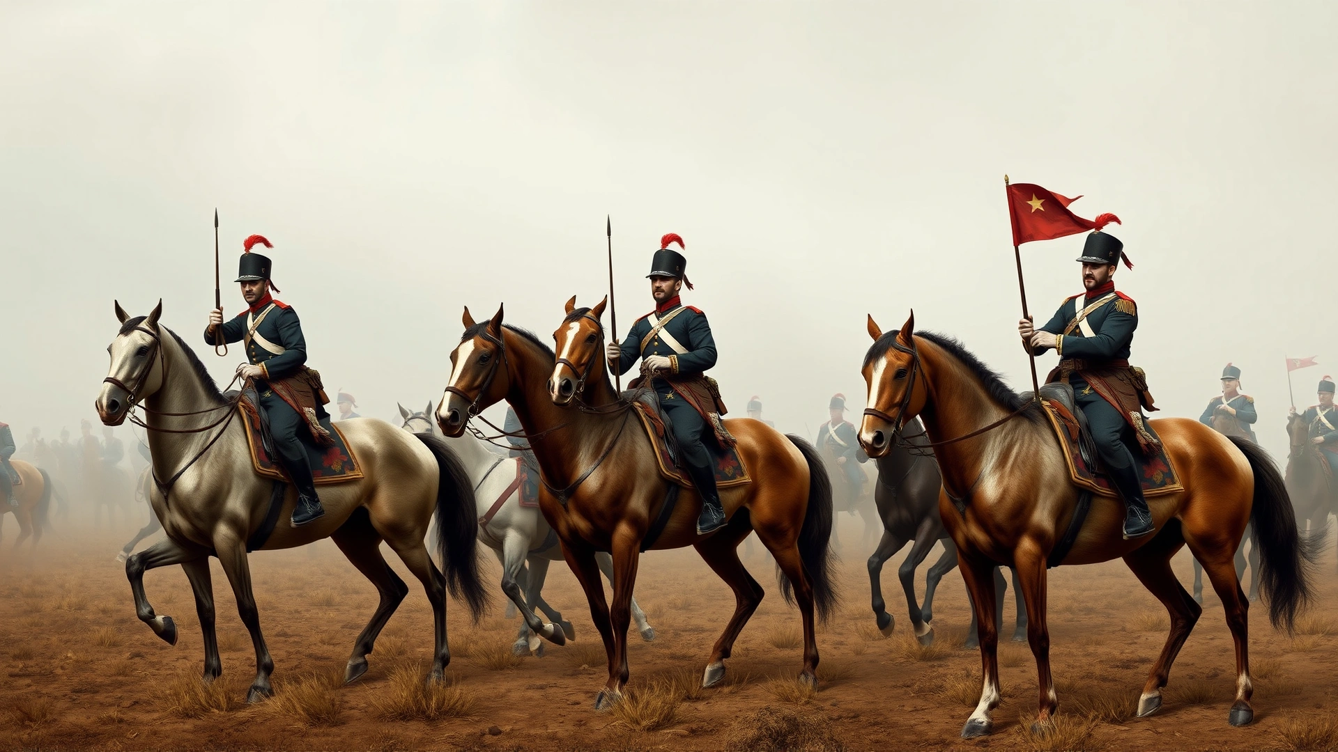 Vintage-style illustration of 19th-century French cavalry riders mounted on Anglo-Arab horses, muted earthy tones, no text.