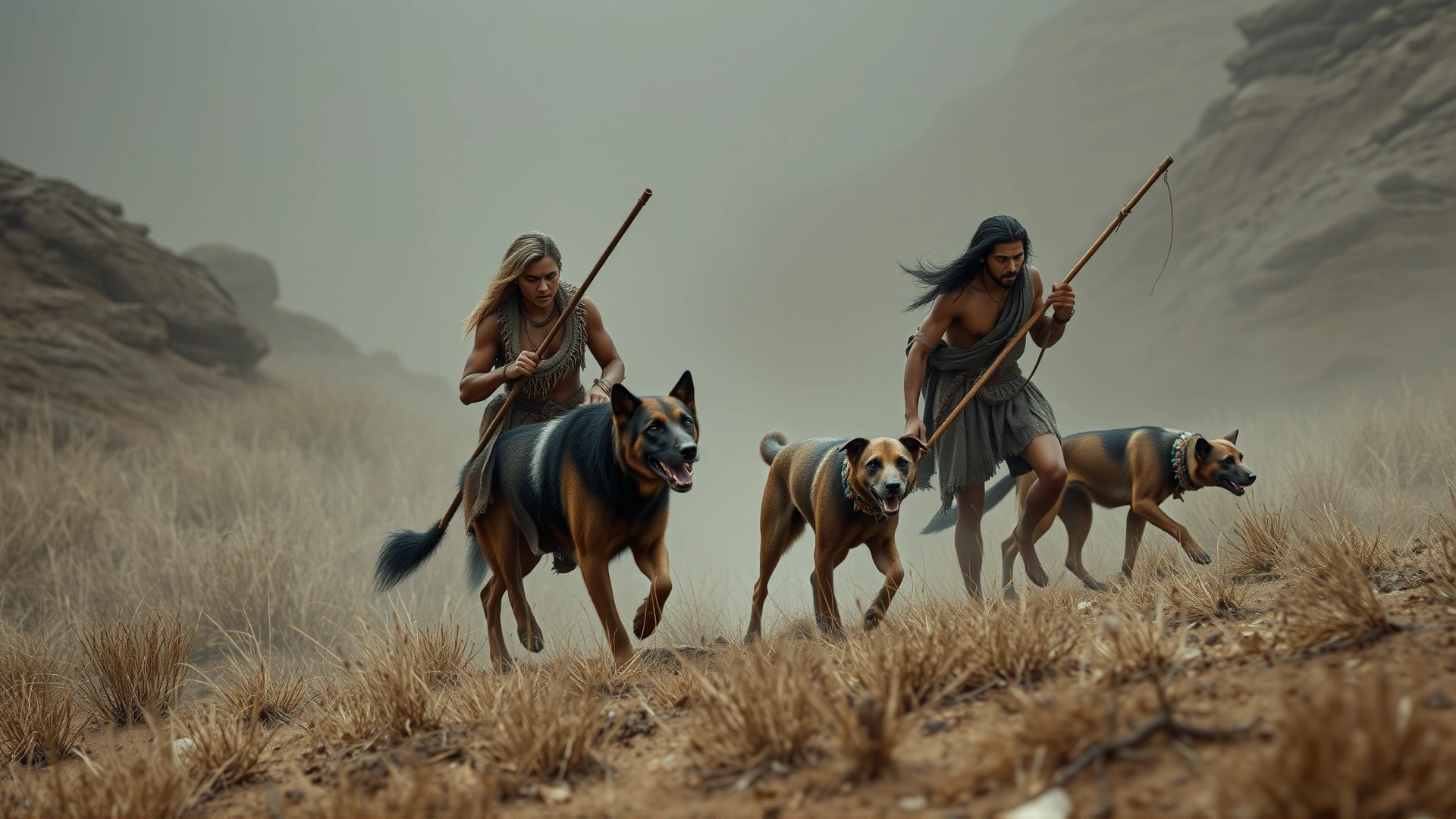Artistic recreation of ancient hunter-gatherers accompanied by early domesticated dogs during a hunt, in a muted earth-tone palette to evoke prehistoric times.
