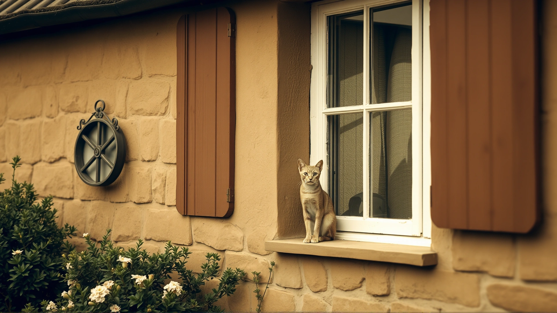 Vintage-styled photo of early 1960s Devon countryside cottage with a Devon Rex cat sitting on a window sill, sepia tone