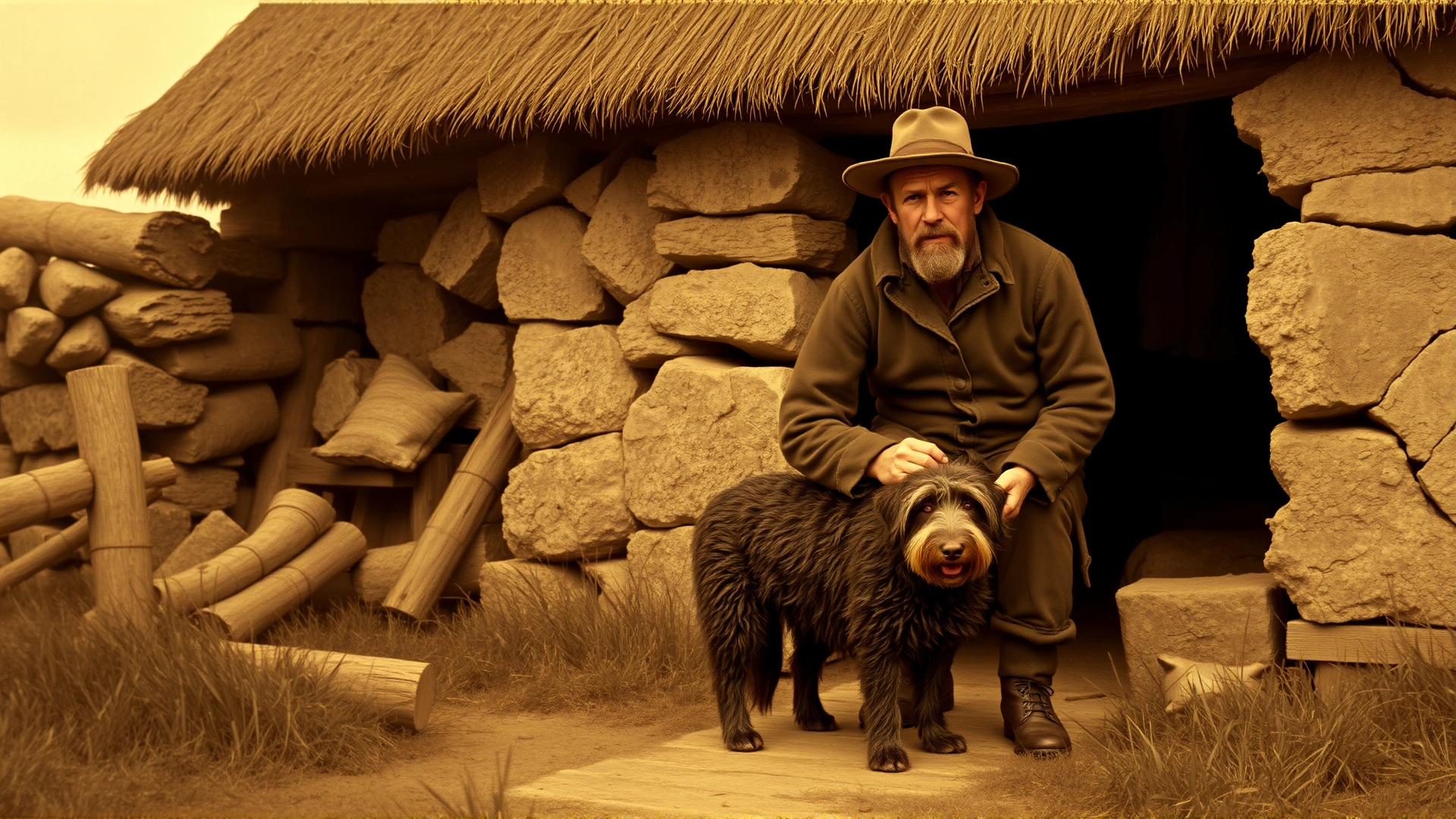 Sepia-toned artistic rendering of an 18th-century Irish farmer accompanied by an early Glen of Imaal Terrier in a rustic farm setting