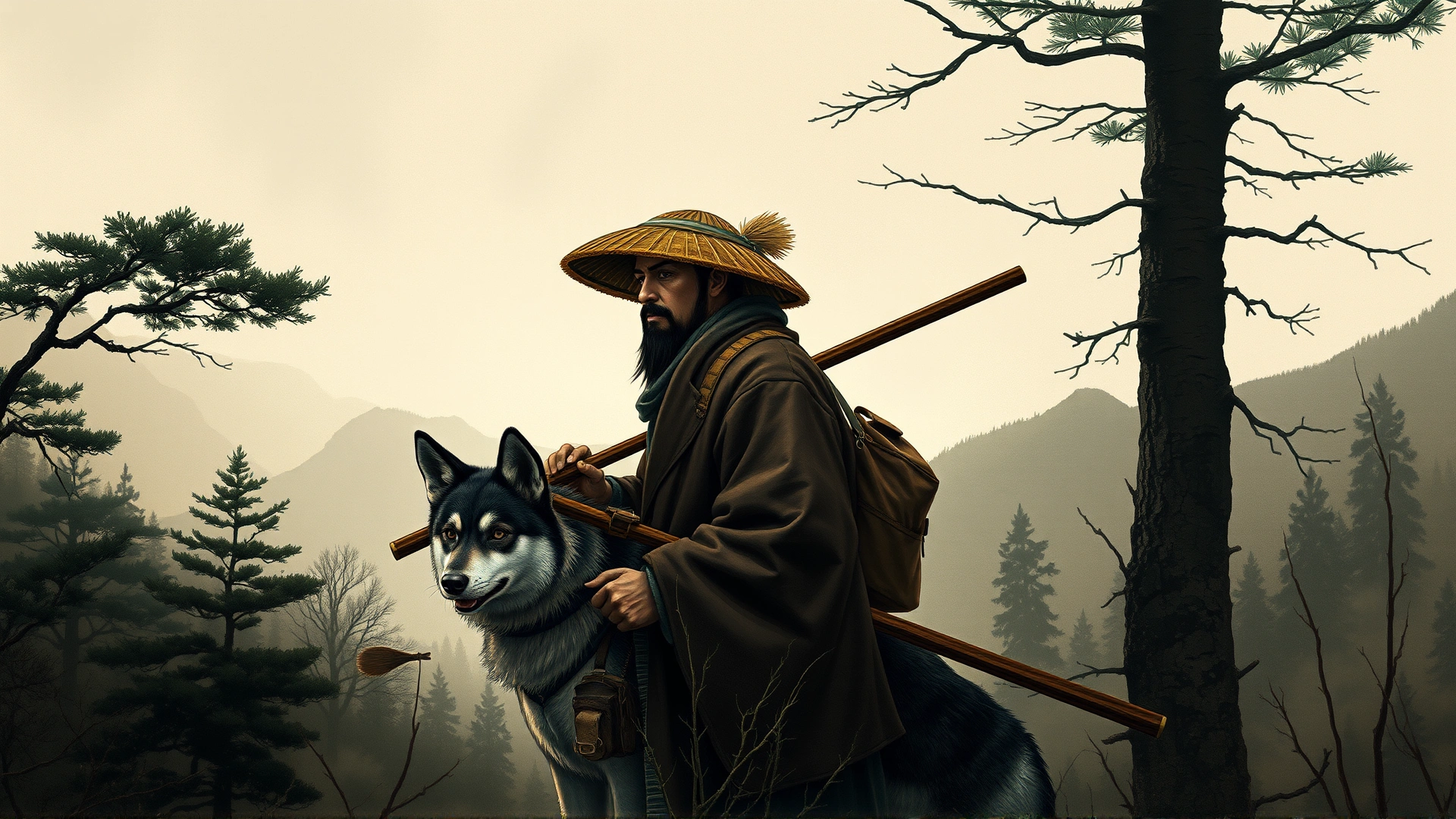 Artistic illustration style image of a traditional Japanese hunter accompanied by a Shikoku dog in a mountainous forest background, muted earthy tones.