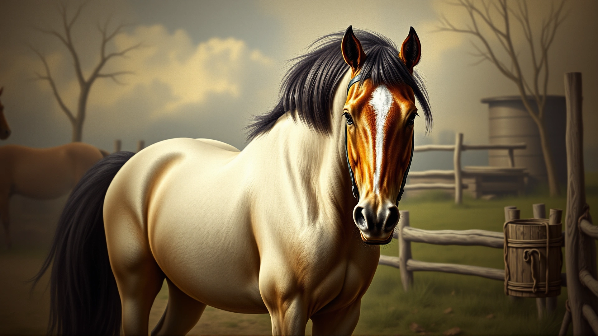 Vintage style illustration of the legendary Morgan stallion 'Figure' (Justin Morgan) in an 18th-century rural New England setting.