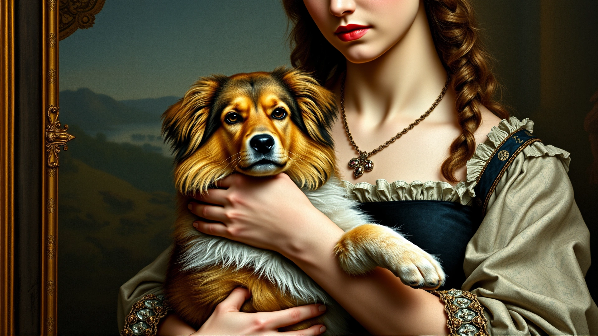 Renaissance-style painting of a noblewoman holding a Löwchen dog with the classic lion trim
