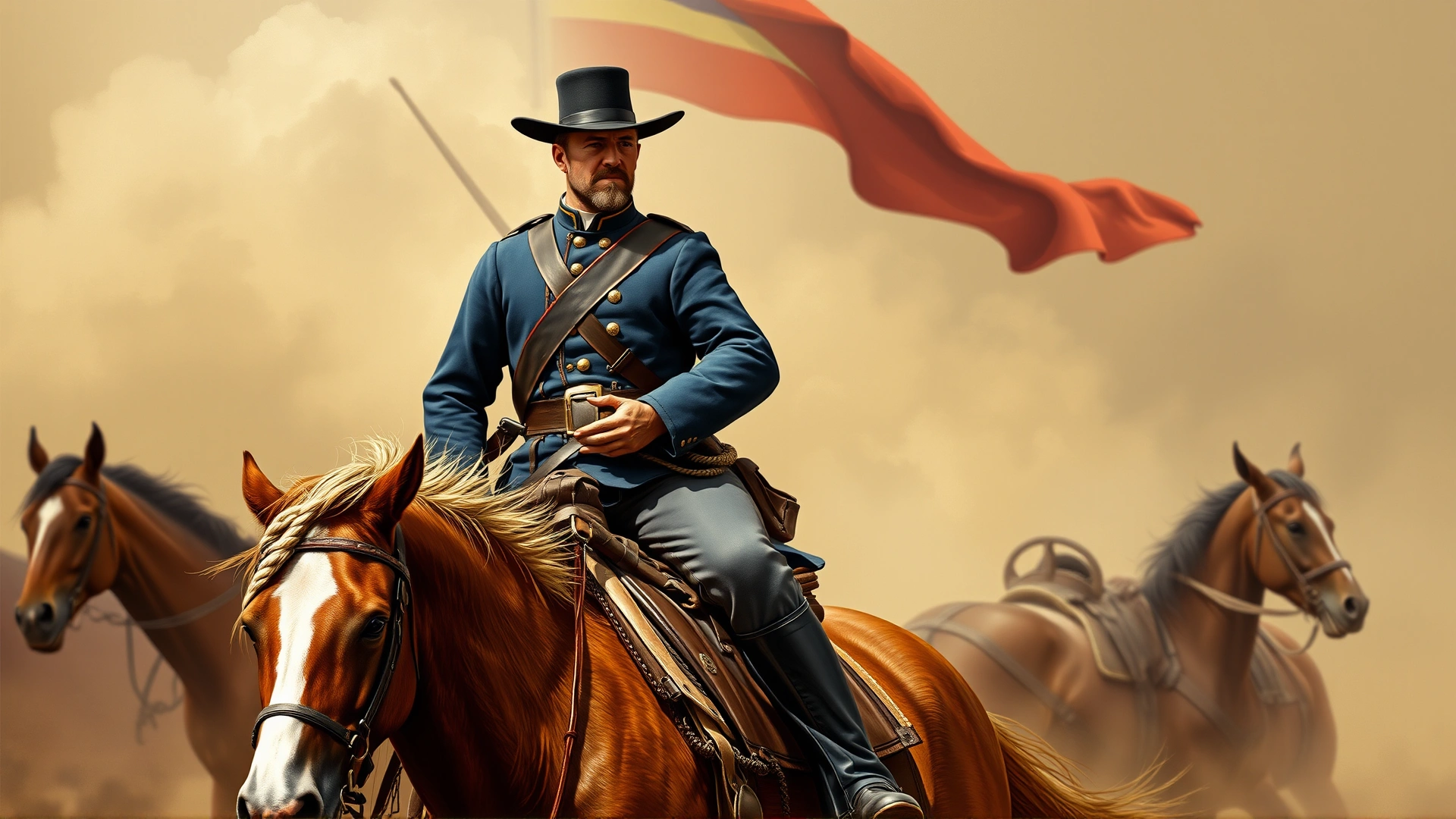 Vintage-style illustration of a 19th-century cavalry soldier riding an American Saddlebred during the American Civil War era.