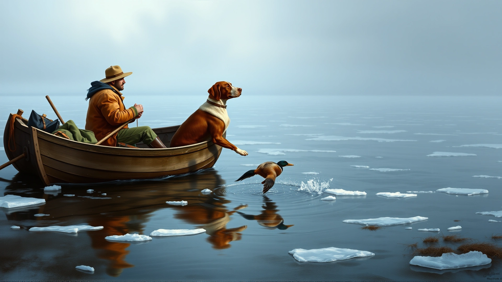 19th-century style illustration of hunters in a wooden skiff watching a Chesapeake Bay Retriever retrieve a duck amid icy Chesapeake Bay waters