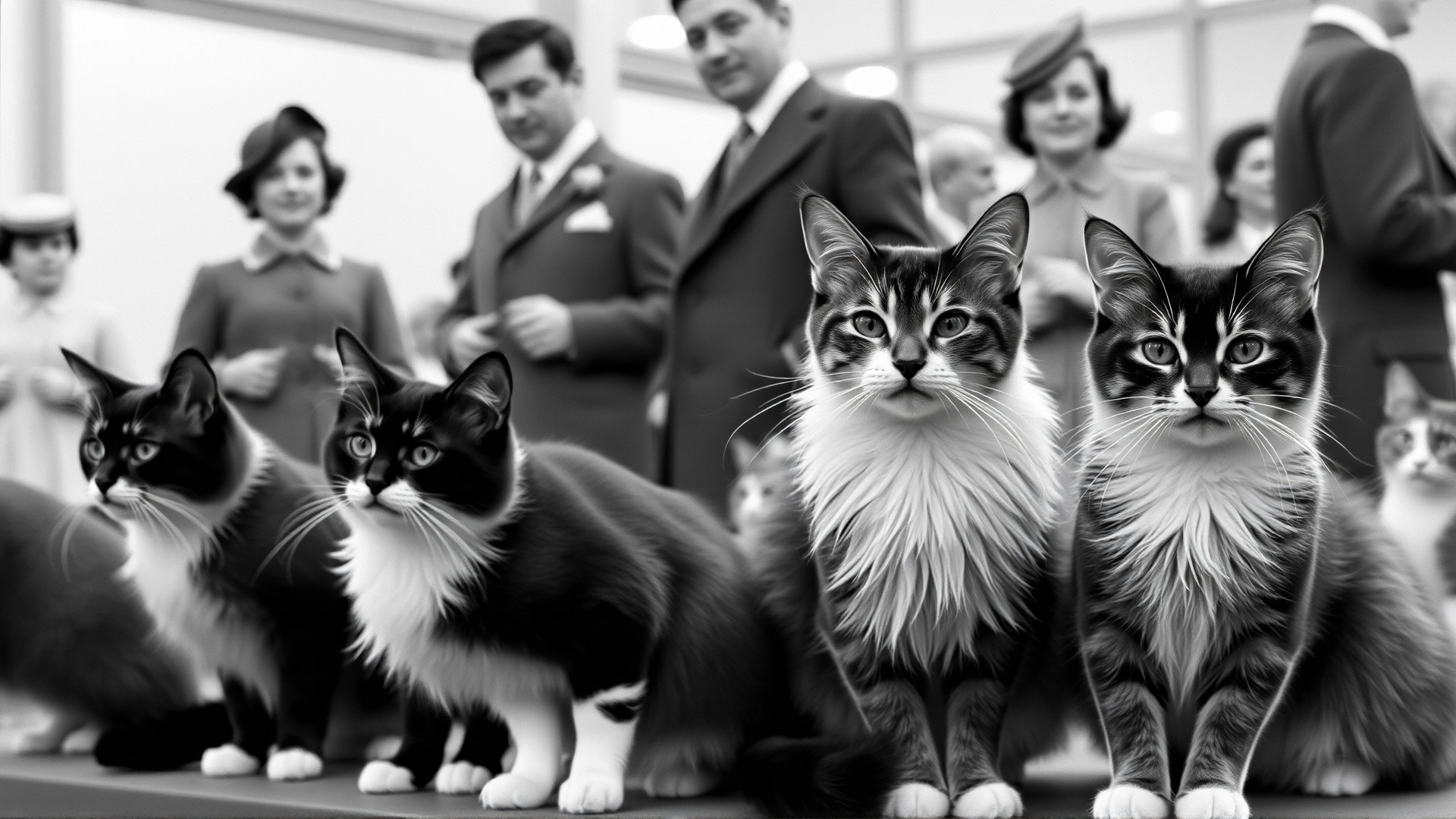 Vintage black-and-white photograph style image showing early Oriental Shorthair cats at a 1950s British cat show, people in period attire in the background