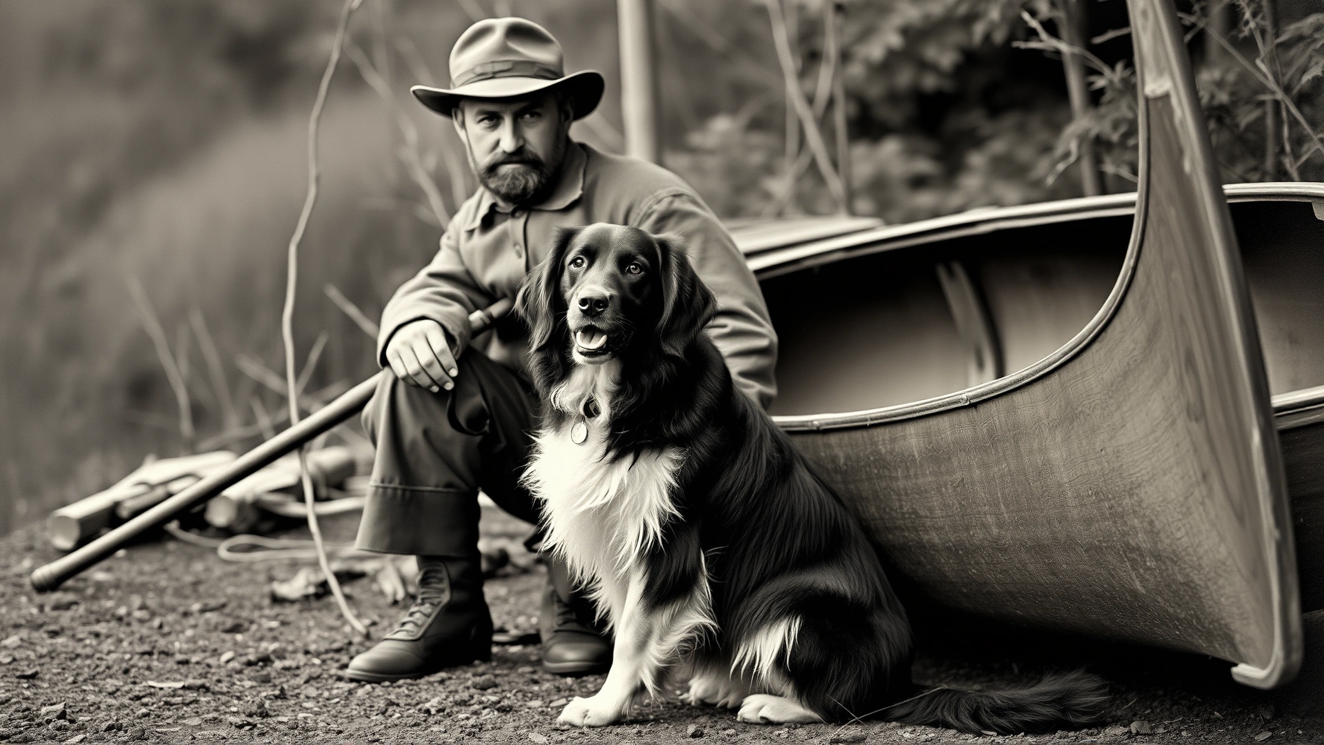 Vintage style photo of early 1900s Canadian hunter with a Nova Scotia Duck Tolling Retriever beside a wooden canoe