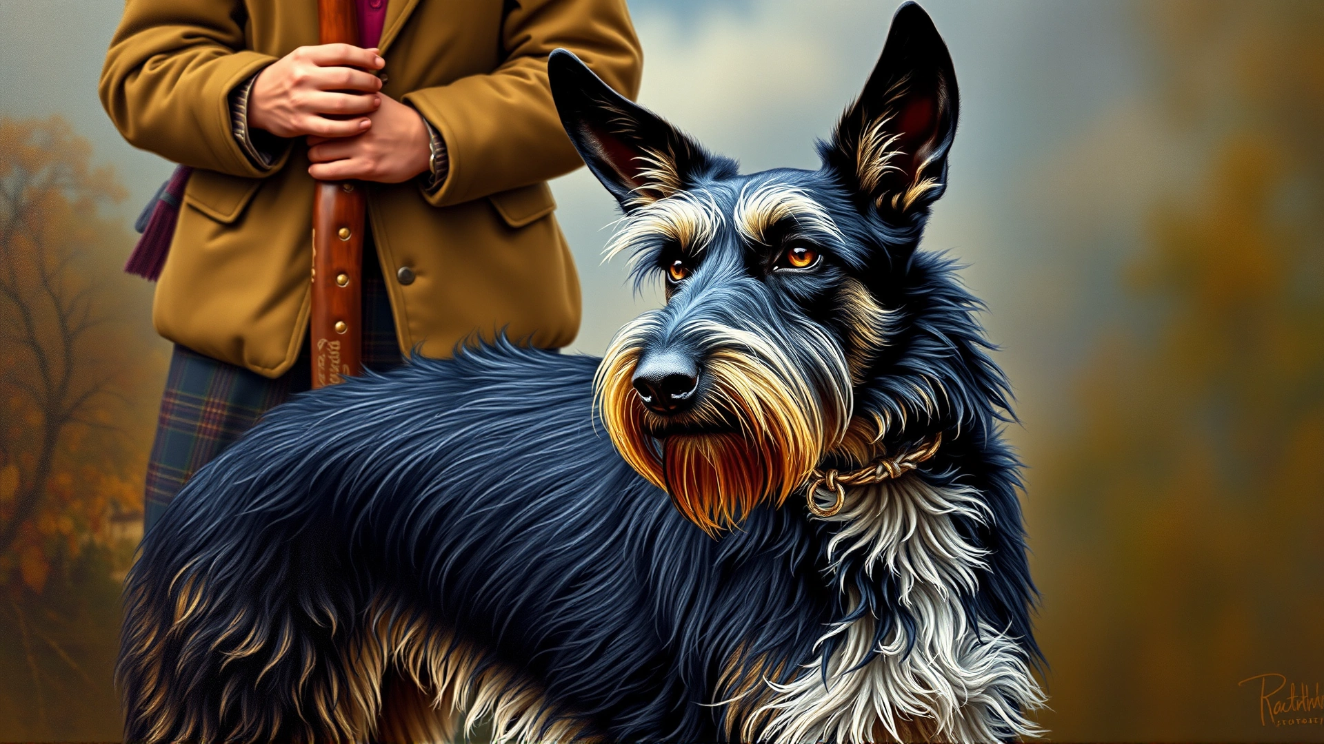 Vintage style painting of a Scottish Deerhound standing next to a hunter in traditional Scottish attire.