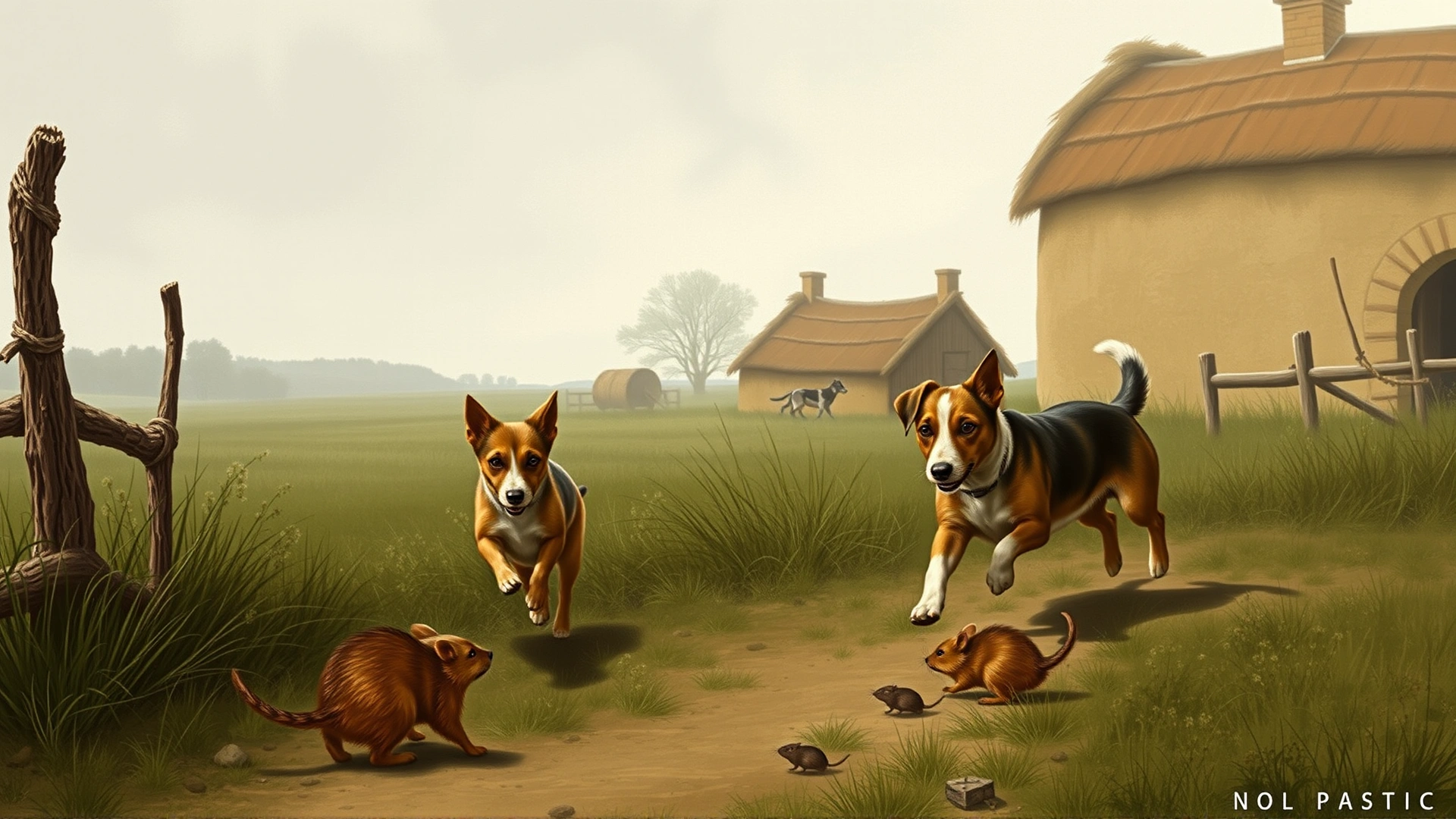Vintage-style illustration of early terrier hunting scene featuring small terrier dogs chasing rodents on a farm, muted colors, no text