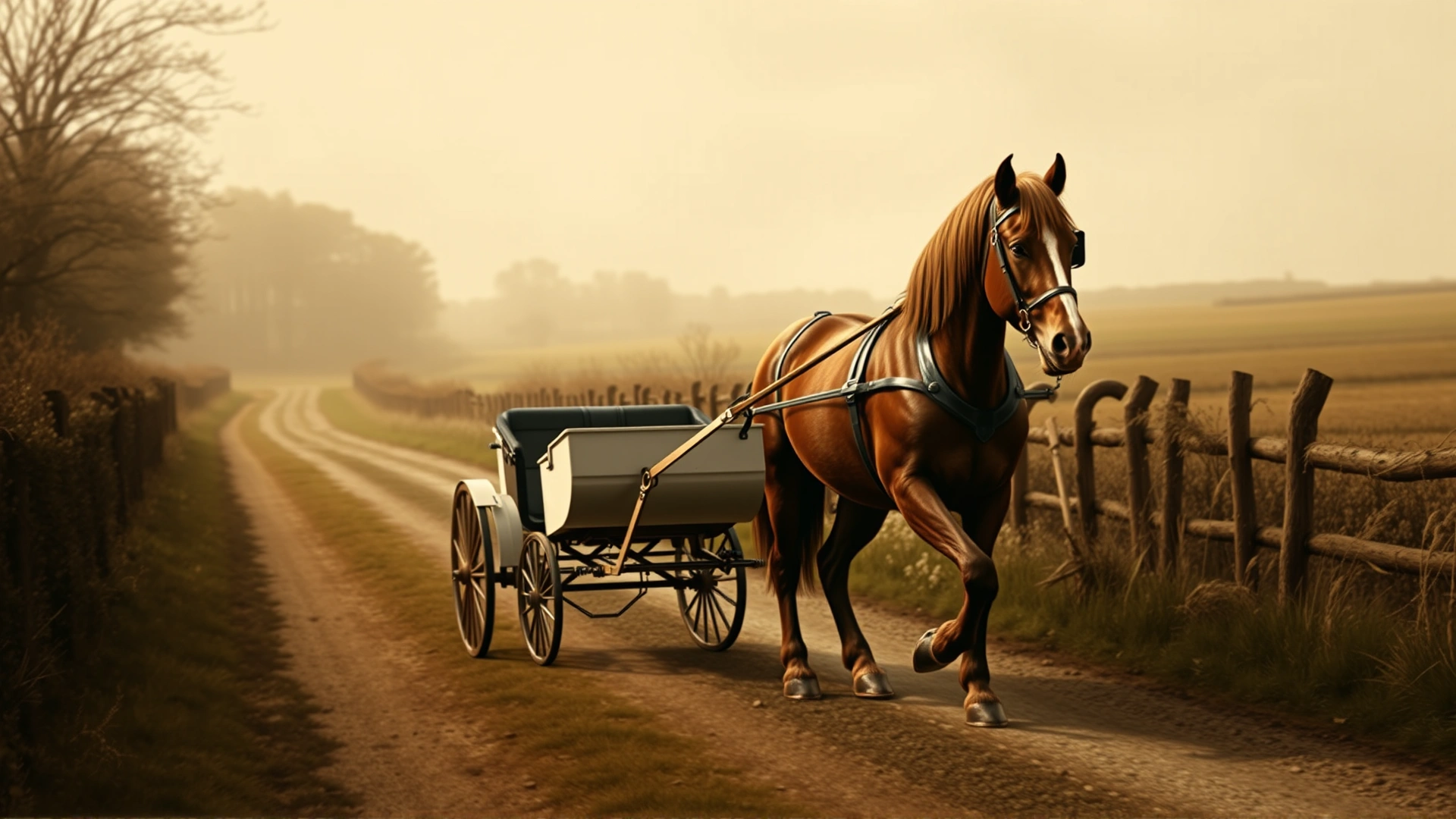 Vintage style illustration of a Welsh Cob pulling a small carriage along a country lane, sepia tones, no text.